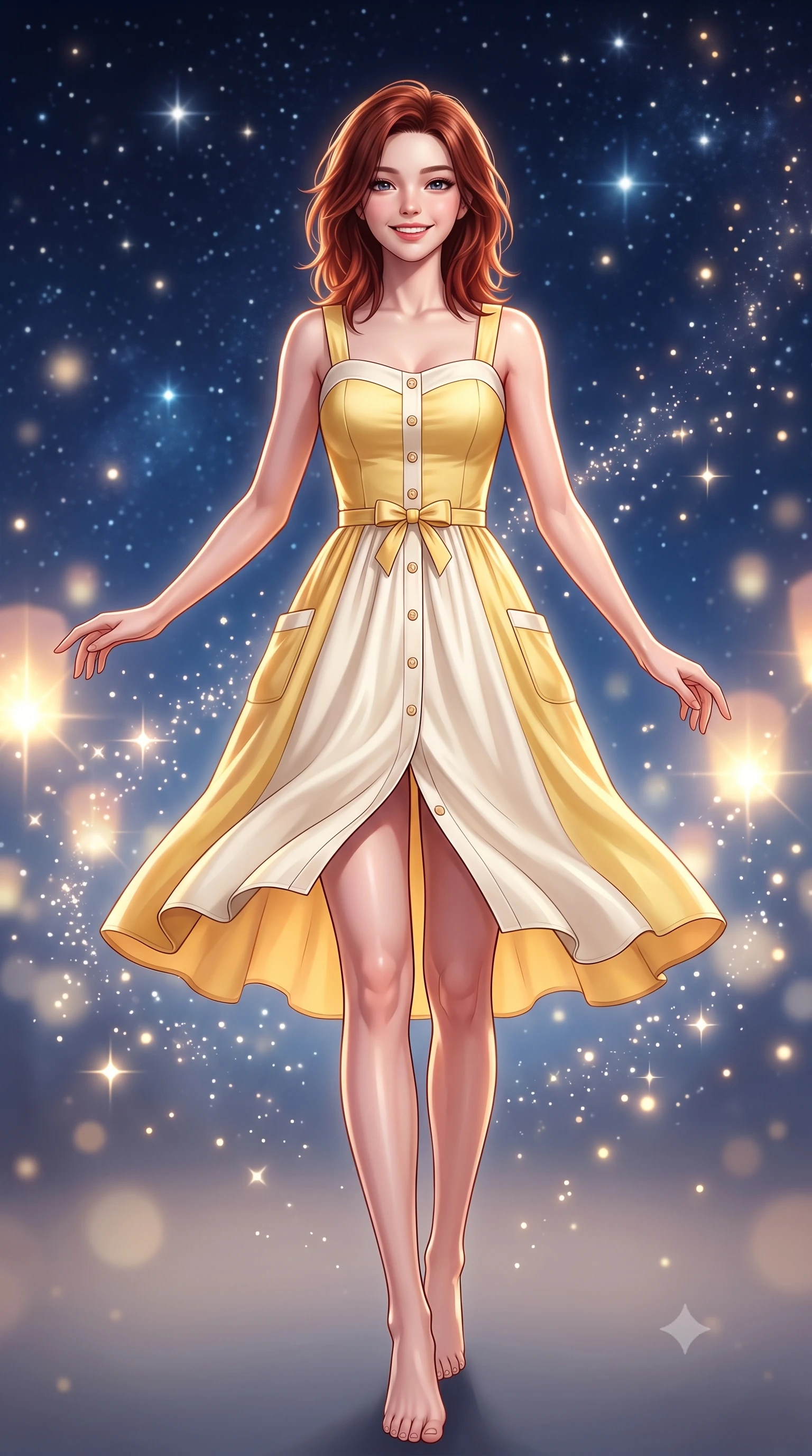 score_9, masterpiece, best quality, ultra-detailed, high-budget anime keyframe, semi-realistic 3D game render, editorial fashion photography, tasteful artistic composition, Korean woman. low angle full-body shot from head to toe showing her feet, filling the entire 9:16 vertical frame with her statuesque presence, stretching her vertical silhouette. walking forward in a cheerful, dynamic stride with a radiant beaming smile, her statuesque silhouette filling the frame while standing poised against a majestic starlit night sky with arms gently outstretched in peaceful wonder. The composition keeps background elements in soft focus with creamy bokeh. sparkling lantern light flares and twinkling celestial starlight scattering magical light motes. She has an absolutely perfect, statuesque 8.5-heads proportion, an exceptionally tall and slender model-like female figure with impossibly long slender legs, a toned flat midriff, and an ultra-slim waist. sharp v-shaped jawline, high-bridge nose, intricate jewel-like eyes with depth, thick eyelashes, glossy lips with a natural sheen, pure and lovely fresh girlhood expression, flawlessly proportioned anatomical accuracy, strict slender model proportions, natural body alignment, perfectly sculpted long slender limbs, ultra-slim waistline, clean dynamic posture without body distortion. wearing a vintage-inspired button-front cotton sundress with wide shoulder straps and side pockets in fresh buttercup yellow and clean cream white, crafted from smooth fluid silk satin with a natural gentle sheen, accented with a dainty ribbon bow at the waistline, the soft airy drape swaying gracefully with her dynamic movements, emphasizing her tall willowy build and slim waistline. surrounded by a magical, romantic, and breathtakingly wondrous starlit maiden aura. highly saturated vibrant anime colors, detailed shading with soft gradients, rich glossy textures, high-contrast stereoscopic depth, volumetric dynamic lighting, master piece, 9:16 ratio