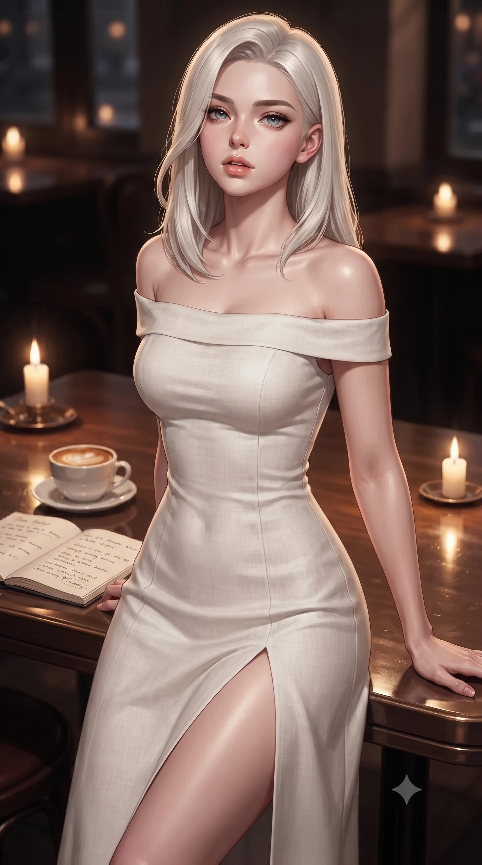 score_9, masterpiece, best quality, ultra-detailed, high-budget anime keyframe, editorial fashion photography, tasteful artistic composition, Caucasian woman. close-up cowboy shot from the waist and thighs up, the character dominates the composition, filling the frame with her large presence, background elements kept in soft focus. tilting her chin up slightly with lips parted in a composed, provocative expression the background shows a soft-focus a quiet cafe corner at midnight with a warm cup of coffee and an open notebook. She has an exceptionally elegant, slender, and willowy female figure with an ultra-slim waist, a gracefully sculpted slender torso, and a refined silhouette. sharp v-shaped jawline, high-bridge nose, intricate jewel-like eyes with depth, thick eyelashes, glossy lips with a natural sheen. wearing a tailored off-shoulder white linen summer dress featuring a high side slit ascending to mid-thigh. warm flickering candlelight reflecting off the glossy table surface. ultra-reflective glossy finish, specular highlights, metallic sheen, high-contrast stereoscopic depth, volumetric dynamic lighting, 2k, ultra detail, master piece, 9:16 ratio