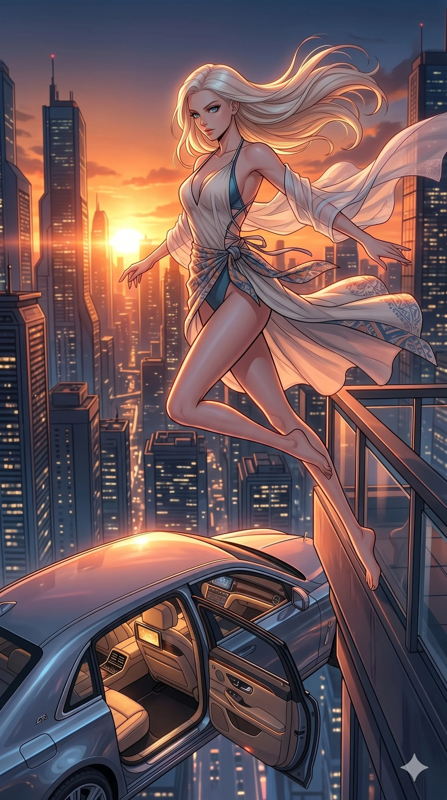 score_9, masterpiece, best quality, ultra-detailed, high-budget anime movie keyframe, cinematic anime lighting, intricate line art, Caucasian (strictly human ears) anime girl. Dynamic full-body shot stretching the vertical silhouette with extreme perspective. leaping from a high-rise balcony into a waiting hover-limo. She has an absolutely perfect 8-heads proportion, an exceptionally tall and slender female figure with an ultra-slim waist and impossibly long slender legs. strictly human anatomy, two legs only, no extra limbs, clearly defined legs and arms, perfect anatomy, perfect hands and fingers. sharp v-shaped jawline, high-bridge nose, intricate jewel-like eyes, thick eyelashes, glossy lips. Wearing Seasonal/Resort: High-cut one-piece with sarong, linen sundress with tie-back, and sheer fabric wrap. The scene is illuminated by dramatic atmospheric lighting and vibrant color palettes. , 2k, ultra detail, master piece, 9:16 ratio