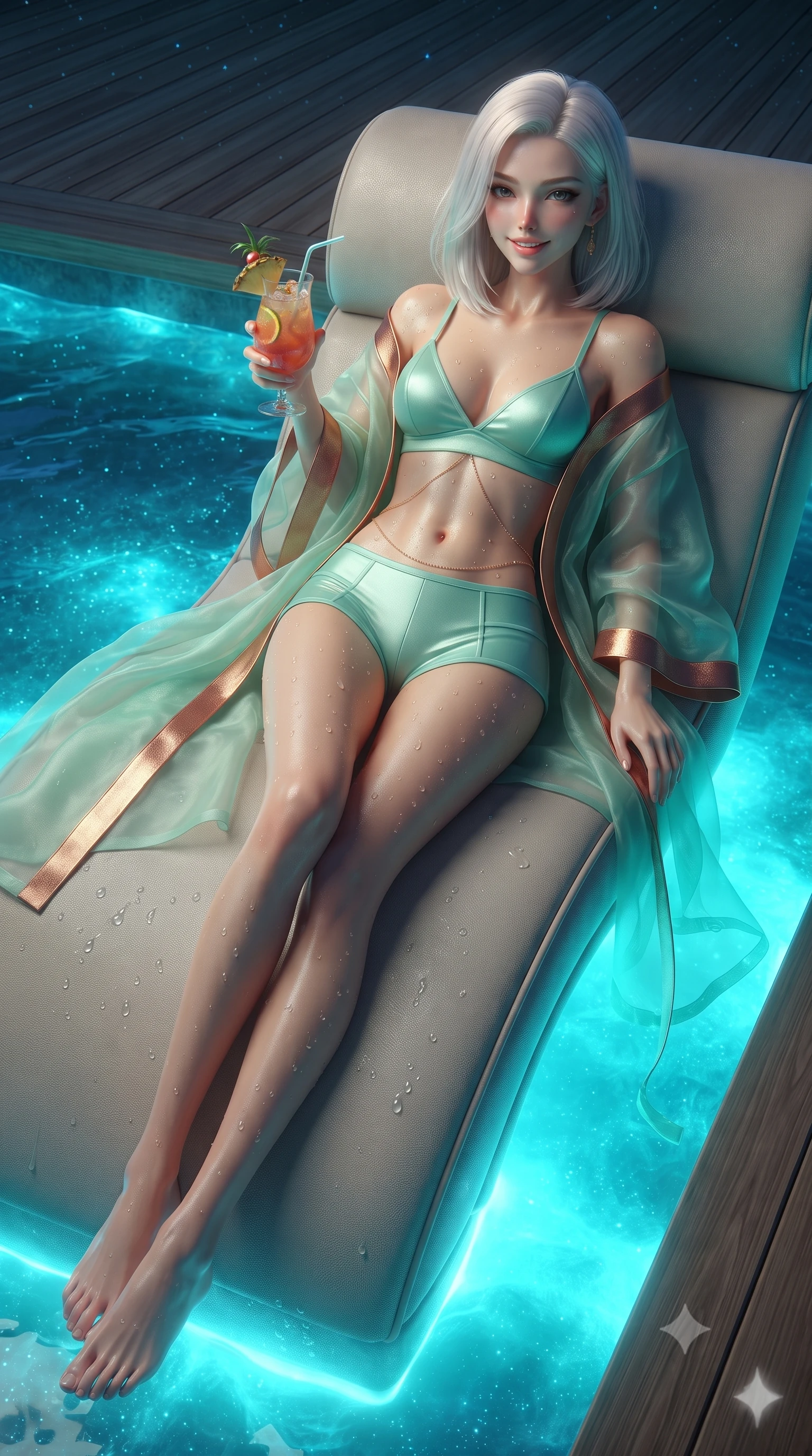 score_9, masterpiece, best quality, ultra-detailed, high-budget anime keyframe, editorial fashion photography, tasteful artistic composition, Korean woman. low angle full-body shot from head to toe showing her feet, filling the entire 9:16 vertical frame with her statuesque presence, stretching her vertical silhouette. reclining gracefully across the plush chaise lounge with one leg extended, her sculpted silhouette and flat midriff radiating magnetic nocturnal glamour while lounging gracefully on the submerged contoured seat with legs extended, holding a tropical cocktail with an irresistible, parted-lip smile. The surrounding environment is rendered in vivid detail and crisp panoramic clarity: sharp transparent acrylic panel bevels, water droplets beading on toned sun-kissed skin, and teak timber decking grain in deep focus. She has an absolutely perfect, statuesque 8.5-heads proportion, an exceptionally tall and slender model-like female figure with impossibly long slender legs, an ultra-slim waist, a flat toned midriff, narrow delicate ribcage, and beautifully sculpted feminine hips creating a graceful, slim hourglass silhouette without any bulky heaviness. sharp v-shaped jawline, high-bridge nose, sparkling eyes with hypnotic seductive depth, thick curled eyelashes, glossy parted lips with a natural dewy peach sheen, alluring bedroom-eyes with an enchanting coquettish smile, exuding magnetic siren charisma and sophisticated glamour, flawlessly proportioned anatomical accuracy, strict slender model proportions, natural body alignment, perfectly sculpted long slender limbs, ultra-slim waistline, clean dynamic posture without body distortion. wearing a sheer silk organza modern caftan robe worn loose and slipping off bare shoulders over a matching satin bralette and micro-shorts in Moroccan mint green and hammered copper, tailored from fine structural neoprene with crisp architectural edges and smooth contouring, accented with a dainty gold belly chain resting across her flat midriff and curving hips, the second-skin tailored fabric adhering flawlessly to her sculpted flat midriff and slender torso, emphasizing her long leg lines and perfectly proportioned willowy build. bathed in supernatural glowing neon-cyan light radiating upward from bioluminescent lagoon waters mixed with celestial starlight. ultra-reflective glossy finish, specular highlights, rich textural contrasts, high-contrast stereoscopic depth, volumetric dynamic lighting, 2k, ultra detail, master piece, 9:16 ratio