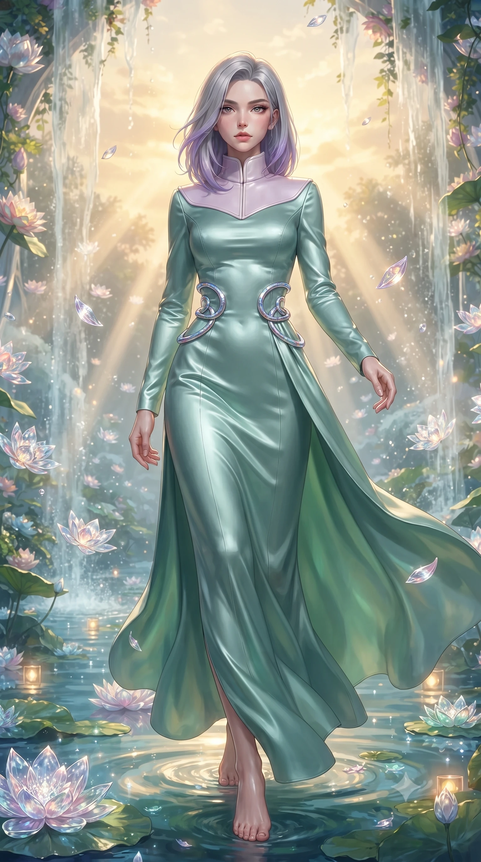 score_9, masterpiece, best quality, ultra-detailed, high-budget anime keyframe, editorial fashion photography, tasteful artistic composition, Caucasian woman. low angle full-body shot from head to toe showing her feet, filling the entire 9:16 vertical frame with her statuesque presence, stretching her vertical silhouette. stepping gracefully through the radiant environment, stretching her statuesque silhouette, navigating a water sanctuary as crystal lotus petals float gracefully in zero gravity, graceful botanical framing around her tall statuesque posture. She has an absolutely perfect, statuesque 8.5-heads proportion, an exceptionally tall and slender model-like female figure with impossibly long slender legs and an ultra-slim waist. sharp v-shaped jawline, high-bridge nose, intricate jewel-like eyes with depth, thick eyelashes, glossy lips with a natural sheen. wearing long-sleeved seafoam green satin gown with high structured collar in pastel lavender violet, made of polished ivory leather, accented with sculpted opal chrome rings at the waist, following her slender form with tailored precision. lit by clear golden-hour rays cascading through water garden mist. ultra-reflective glossy finish, specular highlights, metallic sheen, high-contrast stereoscopic depth, volumetric dynamic lighting, 2k, ultra detail, master piece, 9:16 ratio