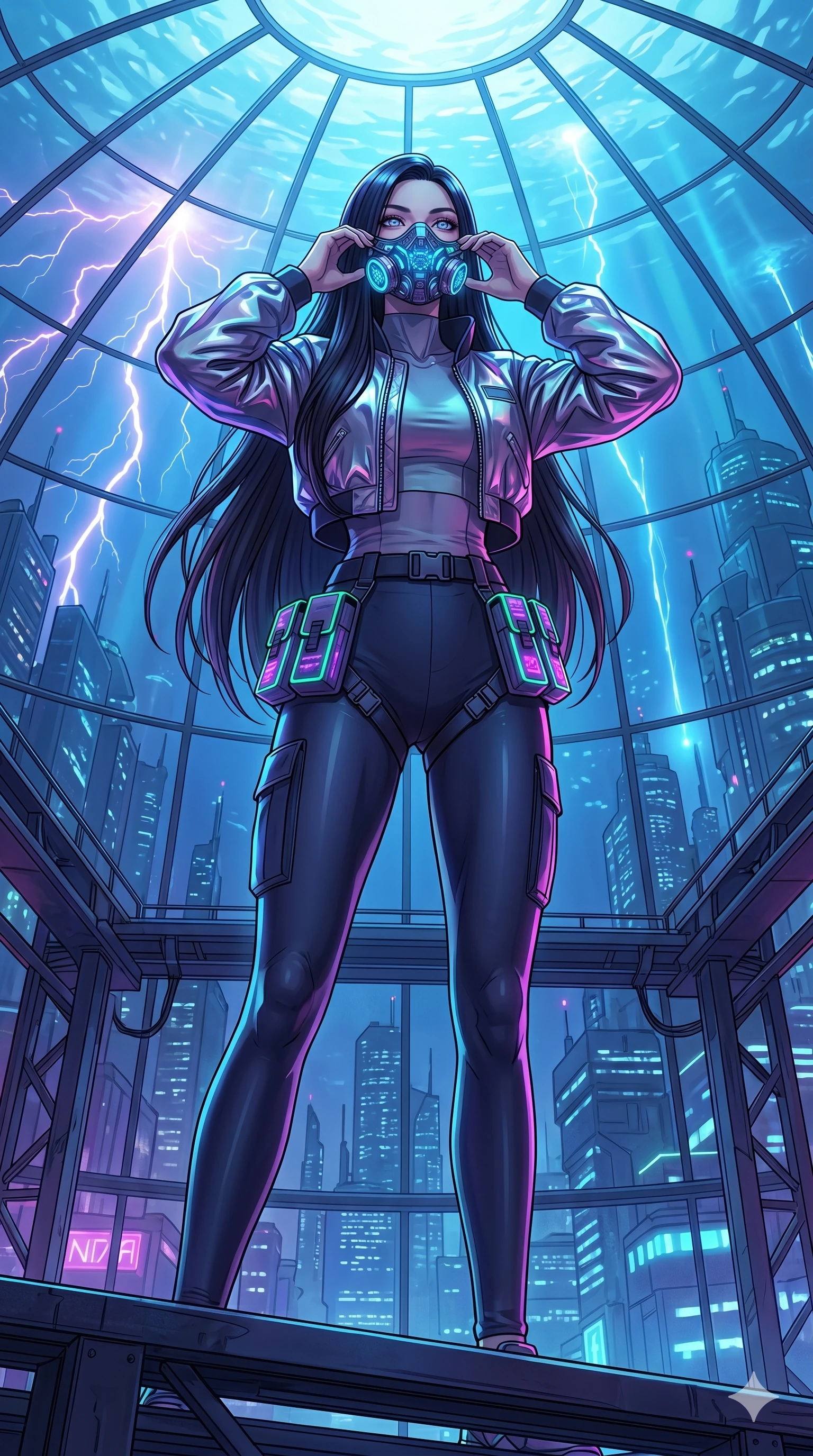score_9, masterpiece, best quality, ultra-detailed, high-budget anime movie keyframe, cinematic anime lighting, intricate line art, Caucasian (strictly human ears) woman. Low angle cowboy shot filling the entire 9:16 frame with her statuesque presence. adjusting a glowing mask in a underwater city dome with lightning lasers. She has an absolutely perfect 8-heads proportion, an exceptionally tall and slender female figure with an ultra-slim waist and impossibly long slender legs. sharp v-shaped jawline, high-bridge nose, intricate jewel-like eyes, thick eyelashes, glossy lips. Wearing modern urban tech-wear ensemble with a cropped reflective bomber jacket, ultra-slim high-waisted cargo leggings, and tactical harness with neon-lit pouches. The scene is illuminated by dramatic atmospheric lighting and vibrant color palettes. , 2k, ultra detail, master piece, 9:16 ratio