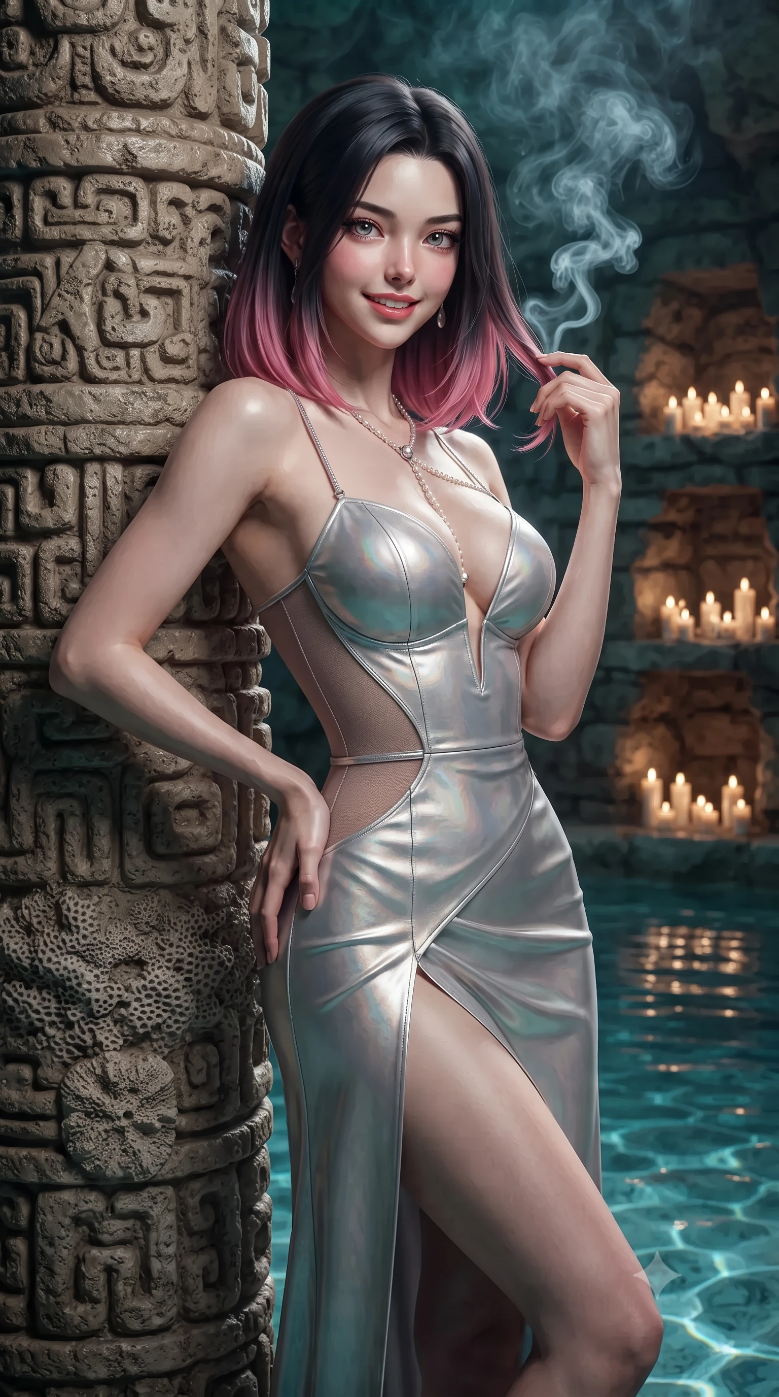score_9, masterpiece, best quality, ultra-detailed, high-budget anime keyframe, editorial fashion photography, tasteful artistic composition, Korean woman. close-up cowboy shot from the waist and thighs up, the character dominates the composition, filling the frame with her large presence. twisting her slender torso in an alluring contrapposto stance, one hand resting on her sculpted hip while her fingers toy with her hair with effortless poise while leaning against the carved Mayan stone pillar with hips cocked back, looking through fragrant copal incense mist with intoxicating bedroom-eyes. The surrounding environment is rendered in vivid detail and crisp panoramic clarity: sharp fossilized coral stone textures, rough limestone wall strata, and crystal-clear warm water surface caustics in deep focus. She has an exceptionally elegant, slender, and willowy female figure with an ultra-slim waist, flat toned midriff, narrow ribcage, and sculpted feminine hips creating an alluring, slim hourglass silhouette without bulk. sharp v-shaped jawline, high-bridge nose, intricate jewel-like sparkling eyes with depth, thick eyelashes, glossy parted lips with a natural peach sheen, bright cheerful beaming smile with an enchanting and coquettish sensual glint, exuding both youthful cute charm and seductive allure, flawlessly proportioned anatomical accuracy, strict slender model proportions, natural body alignment, perfectly sculpted long slender limbs, ultra-slim waistline, clean dynamic posture without body distortion. wearing an alluring plunging sweetheart bustier dress with sheer mesh side-waist cutouts contouring her ribs in iridescent mother-of-pearl and liquid molten silver, woven from buttery-soft stretch lambskin leather adhering to her body like a second skin, accented with a pearl-drop body harness subtly framing her dewy collarbones and spine, the high-slit wrap tailoring accentuating her ultra-slim waistline and the enchanting curve of her feminine hips with alluring seductive charm. bathed in underwater pool turquoise LEDs combined with hundreds of warm 2200K wax candle flames lining cave niches. ultra-reflective glossy finish, specular highlights, rich textural contrasts, high-contrast stereoscopic depth, volumetric dynamic lighting, 2k, ultra detail, master piece, 9:16 ratio