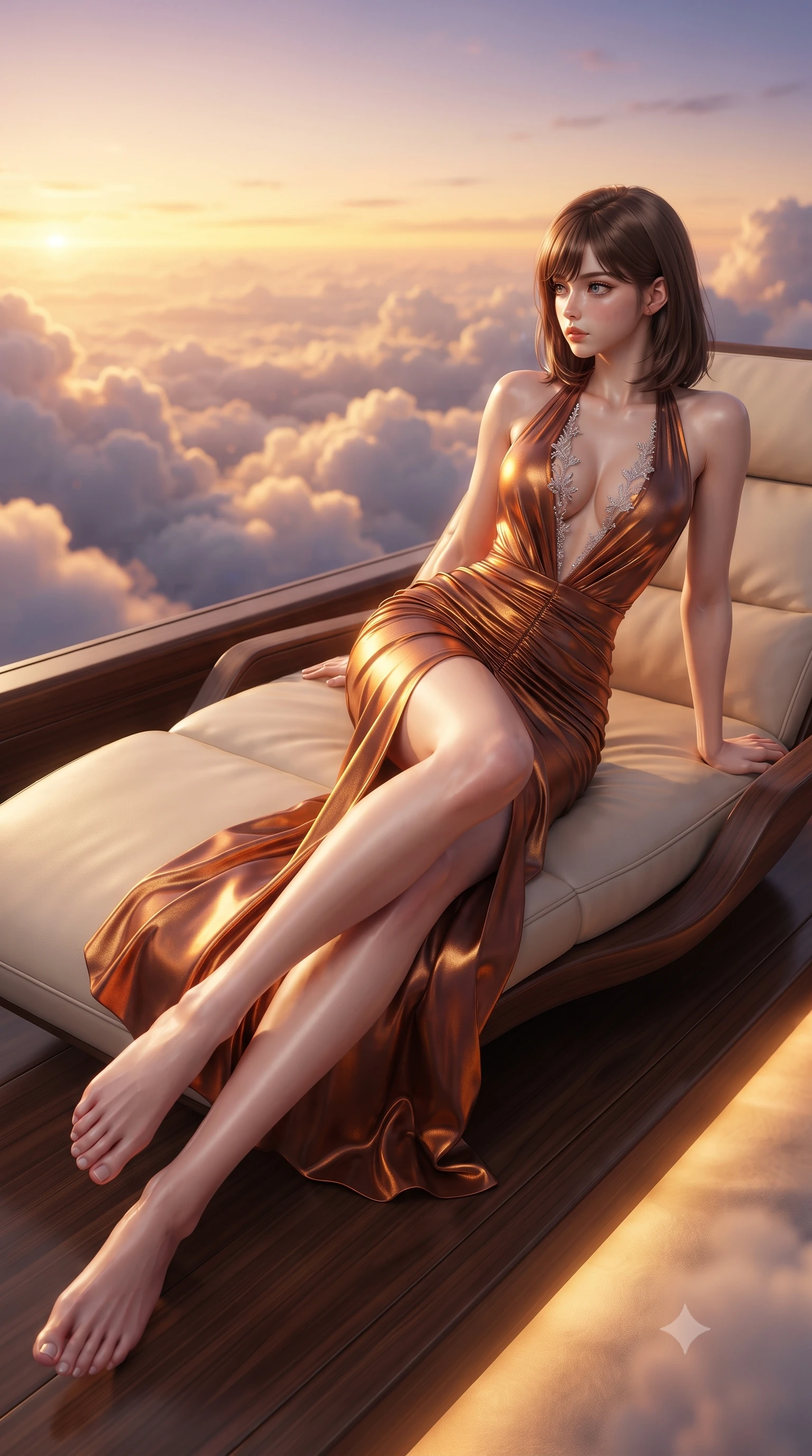 score_9, masterpiece, best quality, ultra-detailed, high-budget anime keyframe, editorial fashion photography, tasteful artistic composition, Korean woman. low angle full-body shot from head to toe showing her feet, filling the entire 9:16 vertical frame with her statuesque presence, stretching her vertical silhouette. executing an elegant mid-motion pivot turn as garments swirl around her slender limbs, glancing over her shoulder with an intoxicating bedroom-gaze while reclining across the private sky-lounge sunbed, one slender leg extended to accentuate her willowy yet curvy silhouette above the cloud horizon. The composition keeps background elements in soft focus with creamy bokeh. billowing sunset cumulus cloud formations and glowing twilight horizons blurred into molten gold, apricot, and lavender bokeh. She has an exceptionally tall and slender model-like 8.5-heads proportion, an ultra-slim waist, a flat toned midriff, narrow delicate ribcage, and beautifully sculpted feminine hips creating a graceful, slim hourglass silhouette without any bulky heaviness, with impossibly long slender legs. sharp v-shaped jawline, high-bridge nose, intricate jewel-like eyes with depth, thick eyelashes, glossy parted lips with a natural sheen, intensely captivating and seductive bedroom-eyes expression, flawlessly proportioned anatomical accuracy, strict slender model proportions, natural body alignment, perfectly sculpted long slender limbs, ultra-slim waistline, clean dynamic posture without body distortion. wearing a plunging halter-neck metallic lamé column dress with a dramatic bare spine and hip-defining ruching in rich copper bronze and warm amber, tailored from ultra-smooth duchess satin with a pearlescent sheen, finished with delicate crystal frost embroidery tracing the plunging neckline, the glove-like aerodynamic silhouette tightly following the natural contour of her hips and long slender legs with statuesque 8.5-heads elegance. illuminated by warm amber floor mood lights sharply defining her sculpted collarbones, flat midriff, and rounded hips. ultra-reflective glossy finish, specular highlights, rich textural contrasts, high-contrast stereoscopic depth, volumetric dynamic lighting, 2k, ultra detail, master piece, 9:16 ratio