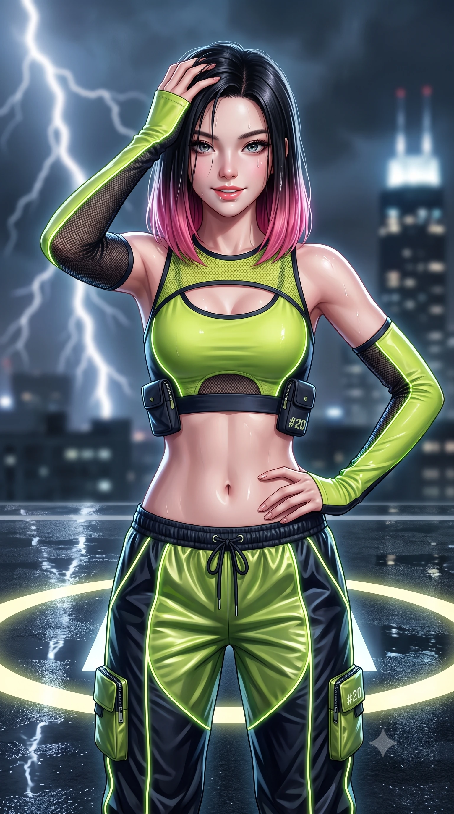 score_9, masterpiece, best quality, ultra-detailed, high-budget anime keyframe, semi-realistic 3D game render, editorial fashion photography, tasteful artistic composition, Korean woman. close-up cowboy shot from the waist and thighs up, the character dominates the composition, filling the frame with her large presence. smiling with subtle, enchanting allure and glossy parted lips, one hand resting on her waist with effortless supermodel poise while standing resolute at the center of the illuminated yellow helipad circle, pushing wet hair from her forehead with a fierce gaze. The composition keeps background elements in soft focus with creamy bokeh. violent lightning forks and distant glowing skyscraper crowns blurred into charcoal, slate-blue, and electric white bokeh. She has an exceptionally elegant, slender, and willowy female figure with an ultra-slim waist, a gracefully sculpted slender torso, toned flat midriff, and a refined slim silhouette. sharp v-shaped jawline, high-bridge nose, intricate jewel-like eyes with depth, thick eyelashes, glossy lips with a natural sheen, captivating and magnetic expression, flawlessly proportioned anatomical accuracy, strict slender model proportions, natural body alignment, perfectly sculpted long slender limbs, ultra-slim waistline, clean dynamic posture without body distortion. wearing a sporty Y2K mesh-paneled crop top with asymmetrical sleeve warmers and low-slung metallic track pants in acid lime green and dark obsidian, made of breathable technical athletic mesh and liquid-finish track nylon, finished with glowing fiber-optic seam piping and miniature utility pouches edition #20, the precision-cut daring openings accentuating her delicate midriff, graceful bare collarbones, and ultra-slim feminine waistline. surrounded by an indomitable, dangerous, and breathtakingly cinematic lone infiltration specialist aura. highly saturated vibrant anime colors, detailed shading with soft gradients, rich glossy textures, high-contrast stereoscopic depth, volumetric dynamic lighting, master piece, 9:16 ratio