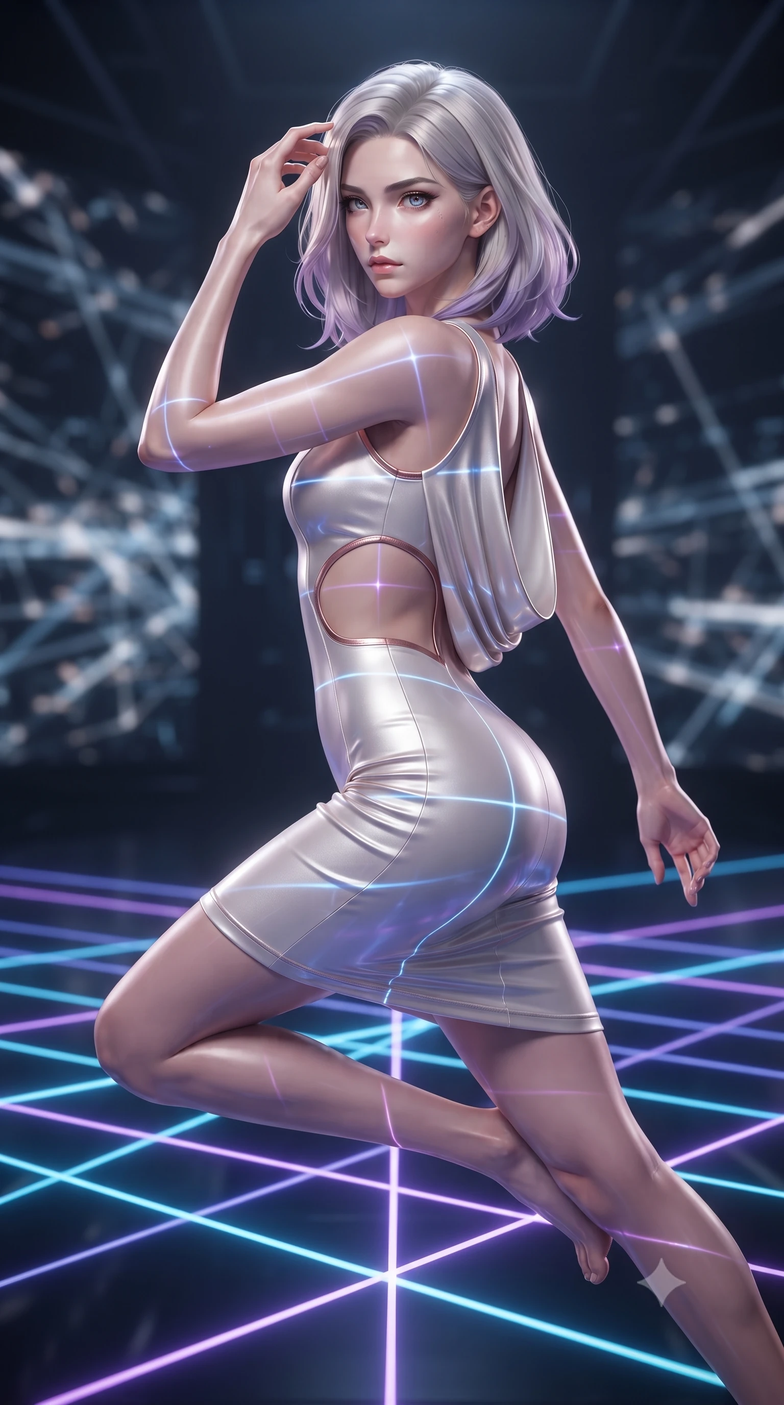 score_9, masterpiece, best quality, ultra-detailed, high-budget anime keyframe, editorial fashion photography, tasteful artistic composition, Caucasian woman. close-up cowboy shot from the waist and thighs up, the character dominates the composition, filling the frame with her large presence, background elements kept in soft focus. Resting her fingers gracefully near her temple, casting a sharp mysterious side-gaze during her stride while leaping across a grid of shifting laser beams while turning to gaze at the camera, laser lines casting precise geometric grid highlights on her athletic form. She has an exceptionally elegant, slender, and willowy female figure with an ultra-slim waist, a gracefully sculpted slender torso, and a refined silhouette. sharp v-shaped jawline, high-bridge nose, intricate jewel-like eyes with depth, thick eyelashes, glossy lips with a natural sheen, flawlessly proportioned anatomical accuracy, natural body alignment, perfectly sculpted elegant limbs, clean dynamic posture without body distortion. wearing a precision-fitted liquid jersey bodycon dress with a graceful draped back in pearl white and rose gold, formed from sleek second-skin neoprene, featuring clean architectural cutouts along her slender torso, the glove-like fit emphasizing her statuesque silhouette during motion. surrounded by a crisp high-tech illumination with high specular contrast. ultra-reflective glossy finish, specular highlights, metallic sheen, high-contrast stereoscopic depth, volumetric dynamic lighting, 2k, ultra detail, master piece, 9:16 ratio
