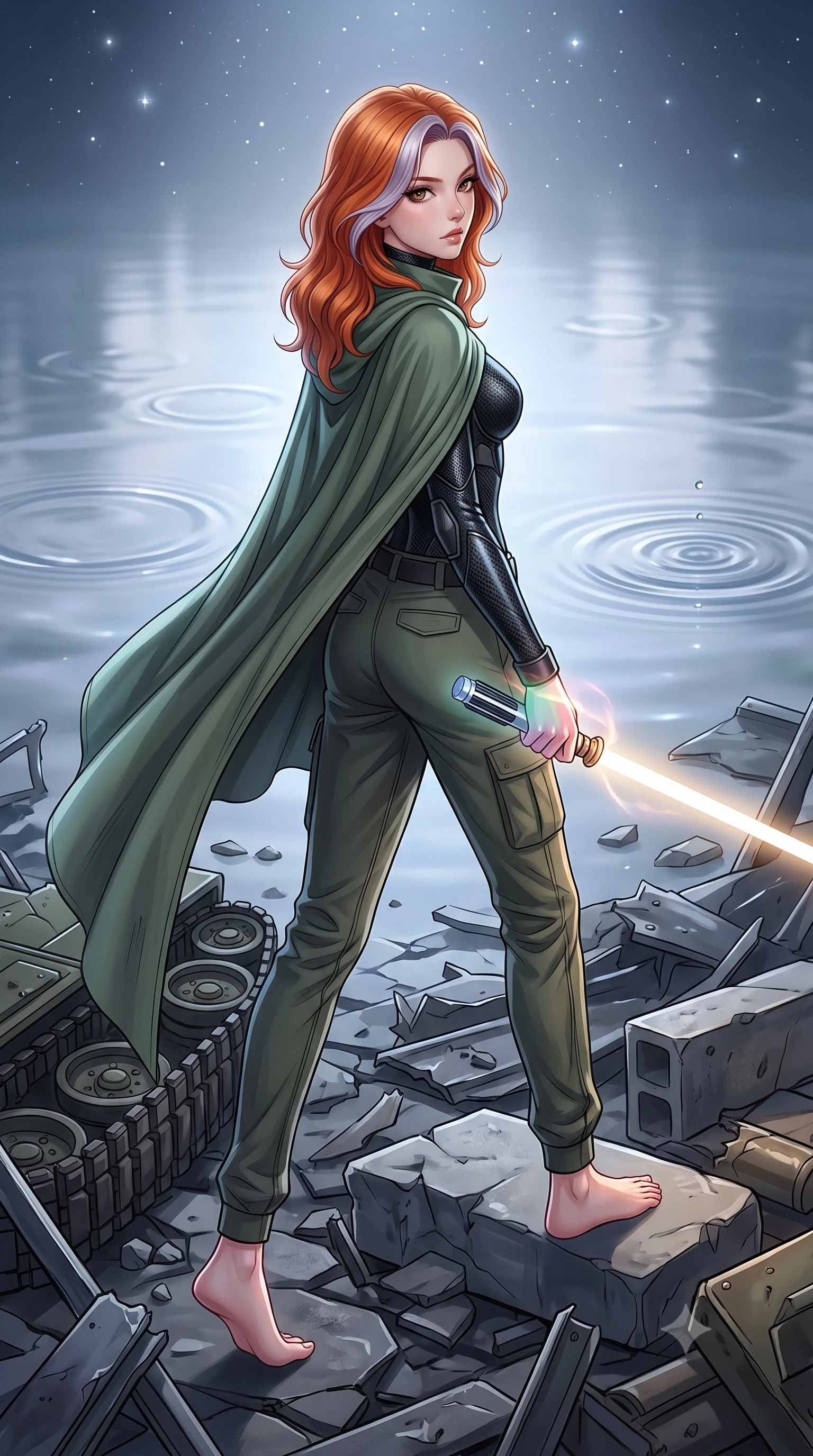 score_9, masterpiece, best quality, ultra-detailed, high-budget anime keyframe, editorial fashion photography, tasteful artistic composition, Caucasian woman. low angle full-body shot from head to toe showing her feet, filling the entire 9:16 vertical frame with her statuesque presence, stretching her vertical silhouette. stepping gracefully through battlefield debris with a glowing saber hilt in hand, looking back over her shoulder, the background shows a soft-focus a quiet sanctuary of stilled-water pools where ripples never disappear. She has an absolutely perfect, statuesque 8.5-heads proportion, an exceptionally tall and slender model-like female figure with impossibly long slender legs and an ultra-slim waist. sharp v-shaped jawline, high-bridge nose, intricate jewel-like eyes with depth, thick eyelashes, glossy lips with a natural sheen. wearing a body-hugging tactical combat cloak in muted green cotton, draped over a high-collar carbon-weave under-armor suit and cargo pants. soft starlight reflecting on the perfectly frozen water surface. highly saturated vibrant anime colors, detailed shading with soft gradients, rich glossy textures, high-contrast stereoscopic depth, volumetric dynamic lighting, master piece, 9:16 ratio