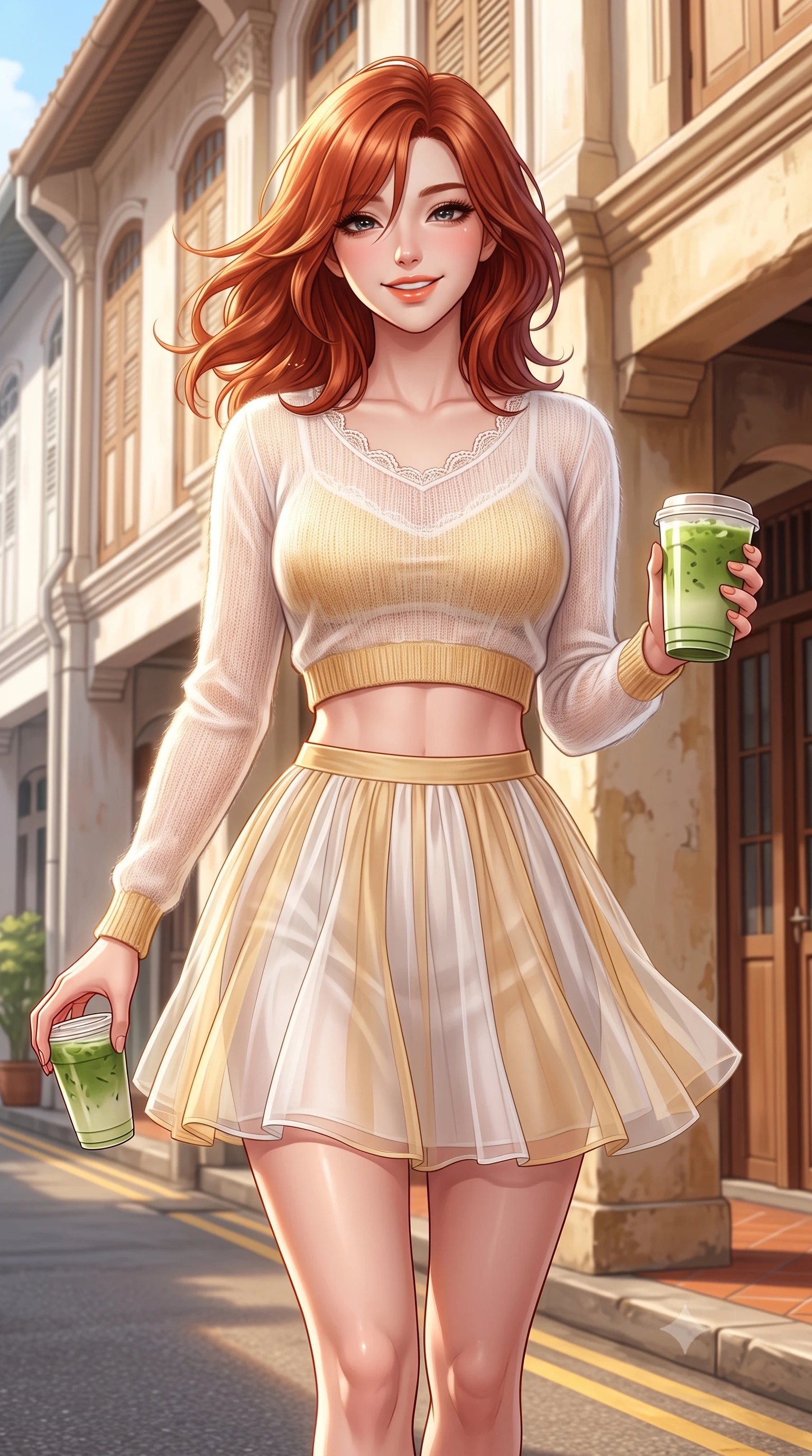 score_9, masterpiece, best quality, ultra-detailed, high-budget anime keyframe, semi-realistic 3D game render, editorial fashion photography, tasteful artistic composition, Korean woman. close-up cowboy shot from the waist and thighs up, the character dominates the composition, filling the frame with her large presence. tilting her head with a cute beaming smile while arching her spine with effortless dancer poise, one hand sliding along her hip line in a flirtatious S-curve while walking down the quiet heritage street with an iced matcha latte in hand, her form-contouring casual chic outfit accentuating her narrow waist and rounded hips. The surrounding environment is rendered in vivid detail and crisp panoramic clarity. detailed linen outfit drape, warm sunlight glints on skin, and Tiong Bahru heritage architecture in high resolution. She has an exceptionally elegant, slender, and willowy female figure with an ultra-slim waist, flat toned midriff, narrow ribcage, and sculpted feminine hips creating an alluring, slim hourglass silhouette without bulk. sharp v-shaped jawline, high-bridge nose, intricate jewel-like sparkling eyes with depth, thick eyelashes, glossy parted lips with a natural peach sheen, bright cheerful beaming smile with an enchanting and coquettish sensual glint, exuding both youthful cute charm and seductive allure, flawlessly proportioned anatomical accuracy, strict slender model proportions, natural body alignment, perfectly sculpted long slender limbs, ultra-slim waistline, clean dynamic posture without body distortion. wearing a soft angora crop knit sweater with a sheer pleated organza mini skirt over an opaque silk slip in pure alabaster white and sun-kissed gold, woven from layered gossamer organza with weightless flutter, finished with delicate lace scallop edging along the neckline, the liquid-tight tailored fabric clinging flawlessly to her narrow waist and rounded feminine hips, emphasizing every millimeter of her sculpted slim hourglass curves without any bulky heaviness. illuminated by soft wall bounce light sharply sculpting her razor-sharp jawline, narrow waist, and curvy hips. highly saturated vibrant anime colors, detailed shading with soft gradients, rich glossy textures, high-contrast stereoscopic depth, volumetric dynamic lighting, master piece, 9:16 ratio