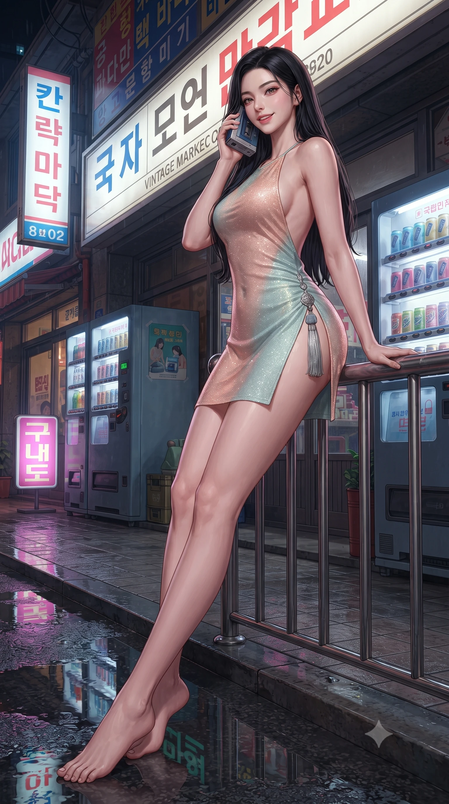 score_9, masterpiece, best quality, ultra-detailed, high-budget anime keyframe, editorial fashion photography, tasteful artistic composition, Korean woman. low angle full-body shot from head to toe showing her feet, filling the entire 9:16 vertical frame with her statuesque presence, stretching her vertical silhouette. leaning deep against the balcony balustrade with hips cocked back in an unapologetically alluring high-fashion stance, casting an intoxicating glance while sitting perched on the metal railing of the arcade entrance with legs extended, holding a cassette walkman with effortless 80s cool. The surrounding environment is rendered in vivid detail and crisp panoramic clarity: sharp wet pavement reflection clarity, vintage arcade marquee typography, and vending machine can slots in deep focus. She has an absolutely perfect, statuesque 8.5-heads proportion, an exceptionally tall and slender model-like female figure with impossibly long slender legs, an ultra-slim waist, a flat toned midriff, narrow delicate ribcage, and beautifully sculpted feminine hips creating a graceful, slim hourglass silhouette without any bulky heaviness. sharp v-shaped jawline, high-bridge nose, sparkling eyes with hypnotic seductive depth, thick curled eyelashes, glossy parted lips with a natural dewy peach sheen, alluring bedroom-eyes with an enchanting coquettish smile, exuding magnetic siren charisma and sophisticated glamour, flawlessly proportioned anatomical accuracy, strict slender model proportions, natural body alignment, perfectly sculpted long slender limbs, ultra-slim waistline, clean dynamic posture without body distortion. wearing a slinky backless halterneck column mini dress in shimmering stretch lurex with deep side slits in pastel peach blossom and celadon porcelain blue, woven from stretch metallic lurex jersey casting radiant starlight glints across her silhouette, accented with an intricate silver norigae tassel swaying gracefully along her curving hip line, the precision-cut side openings and low-back scoop framing her graceful spine and the sensual sweep of her slim, toned hips. illuminated by puddle specular bounce and sharp magenta rim lights defining her razor-sharp jawline, ultra-slim waist, and curvy hips. ultra-reflective glossy finish, specular highlights, rich textural contrasts, high-contrast stereoscopic depth, volumetric dynamic lighting, 2k, ultra detail, master piece, 9:16 ratio