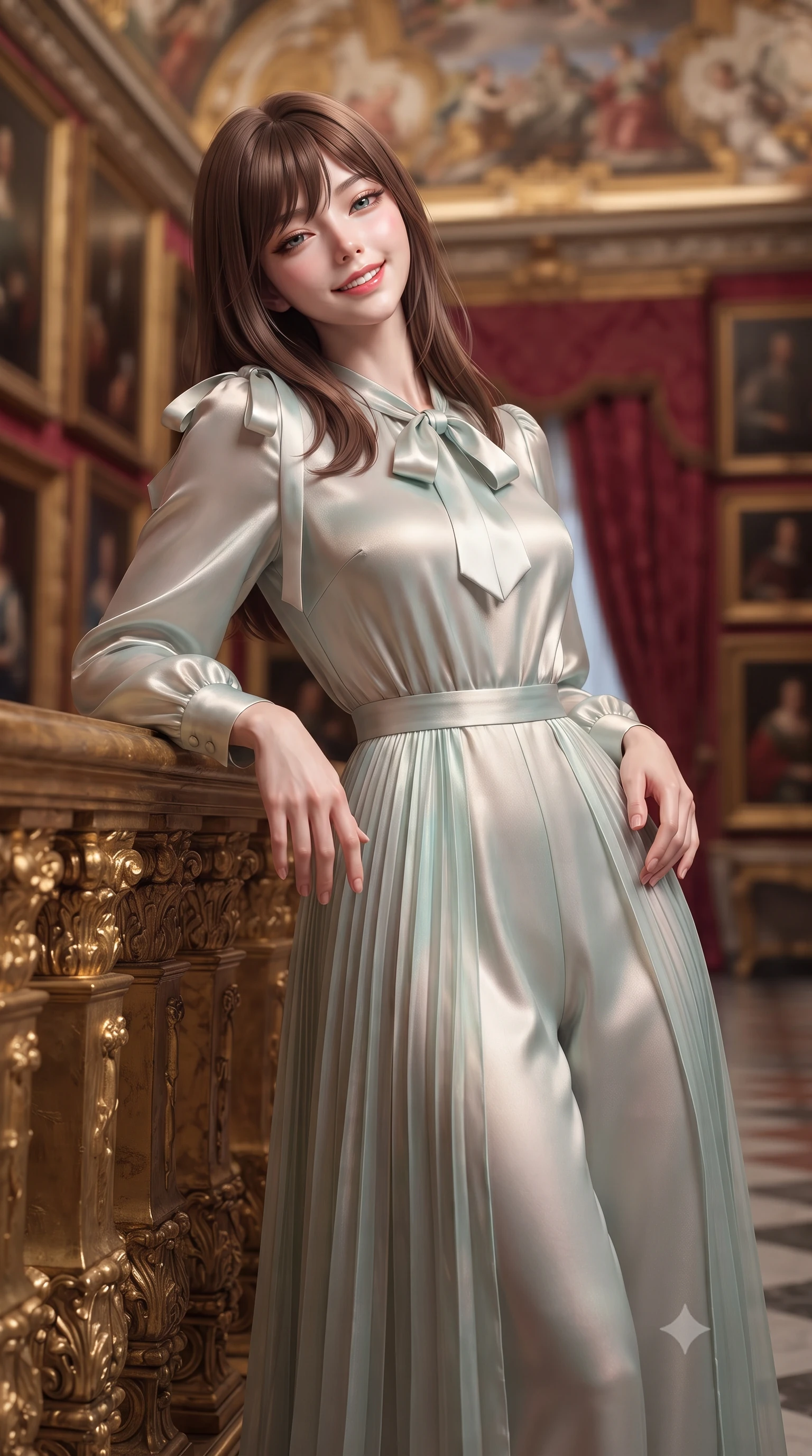 score_9, masterpiece, best quality, ultra-detailed, high-budget anime keyframe, editorial fashion photography, tasteful artistic composition, Korean woman. close-up cowboy shot from the waist and thighs up, the character dominates the composition, filling the frame with her large presence. leaning back against the balustrade with relaxed seductive grace, head tilted back slightly while casting a hypnotic, heavy-lidded gaze while twisting her slender torso in an alluring contrapposto stance on the mirror-polished marble floor, golden sconce reflections tracing her narrow waist and hips. The background shows a soft-focus dense gallery walls of gilded Renaissance frames, painted Pietro da Cortona ceiling frescoes, and heavy crimson silk damask blurred into ruby, ivory, and gold bokeh. She has an exceptionally elegant, slender, and willowy female figure with an ultra-slim waist, flat toned midriff, narrow ribcage, and sculpted feminine hips creating an alluring, slim hourglass silhouette without bulk. sharp v-shaped jawline, high-bridge nose, intricate jewel-like sparkling eyes with depth, thick eyelashes, glossy parted lips with a natural peach sheen, bright cheerful beaming smile with an enchanting and coquettish sensual glint, exuding both youthful cute charm and seductive allure, flawlessly proportioned anatomical accuracy, strict slender model proportions, natural body alignment, perfectly sculpted long slender limbs, ultra-slim waistline, clean dynamic posture without body distortion. wearing a refined long-sleeve silk georgette palazzo jumpsuit with pleated overlay skirt and modest neck bow in iridescent seafoam pearl and champagne luster, crafted from bespoke double-faced cashmere with an exceptionally soft tactile finish, finished with satin ribbon ties at the shoulders fluttering in the gentle breeze, the impeccably tailored cut draping gracefully along her slender figure with aristocratic poise. illuminated by marble floor reflection bounce and sharp rose-gold rim lights defining her dewy collarbones, ultra-slim waist, and curvy hips. ultra-reflective glossy finish, specular highlights, rich textural contrasts, high-contrast stereoscopic depth, volumetric dynamic lighting, 2k, ultra detail, master piece, 9:16 ratio