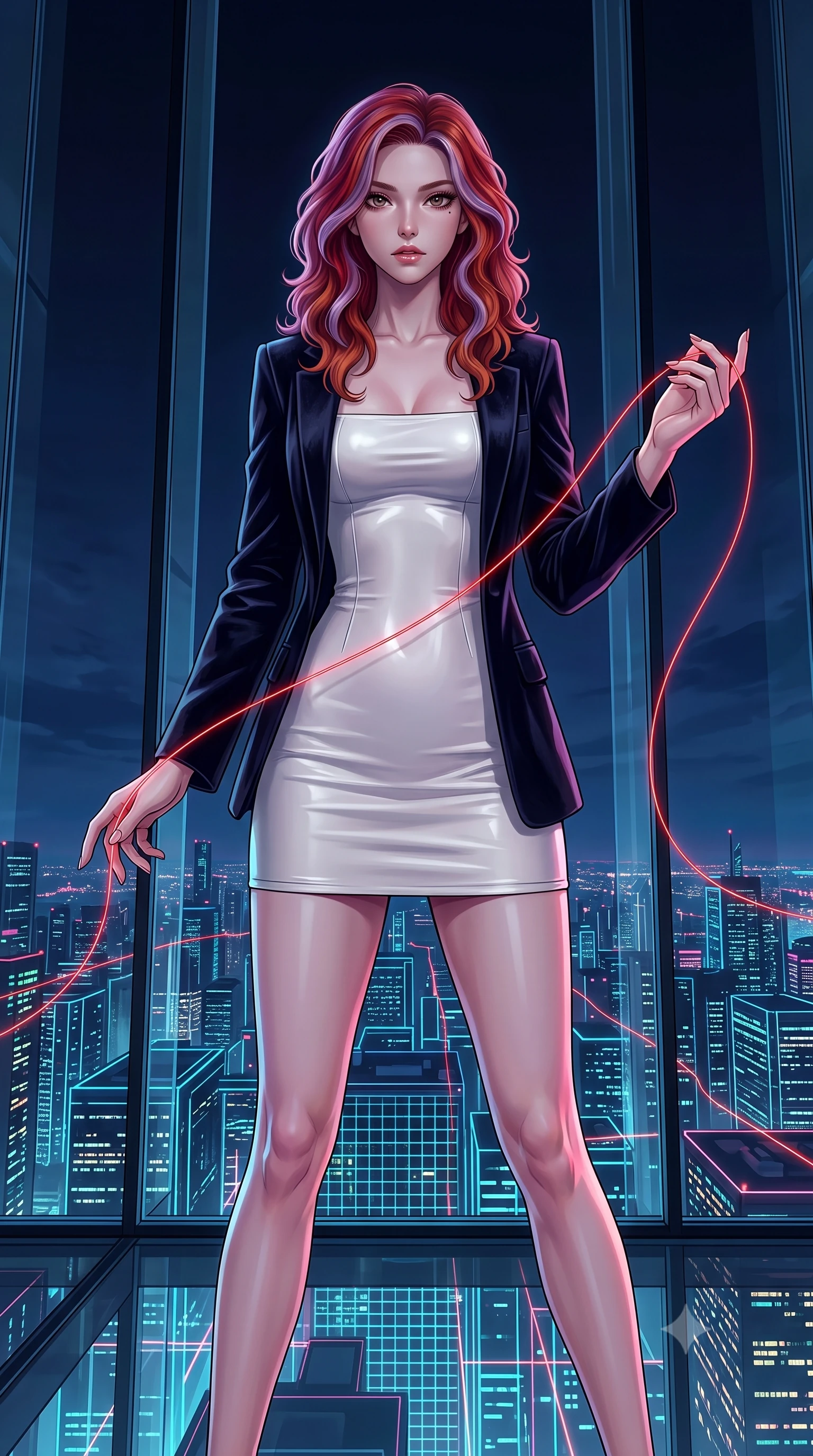 score_9, masterpiece, best quality, ultra-detailed, High-budget Anime Keyframe, Caucasian woman, strictly human ears. Low angle cowboy shot filling the entire 9:16 frame with her statuesque presence. Scenario 523: tracing a glowing red thread of fate with her fingers in a luxury penthouse with floor-to-ceiling glass walls overlooking a neon grid. Her presence is magnetic and overpowering in this high-budget anime scene. Outfit 523: a form-contouring pearl white matte vinyl mini dress layered under a structured velvet blazer. The clothing is designed to emphasize her exceptionally tall and slender 8-heads proportion. 8-heads proportion, towering silhouette, ultra-slim waist. sharp v-shaped jawline, intricate jewel-like eyes with depth, thick eyelashes, glossy lips. 2k, ultra detail, master piece, 9:16 ratio