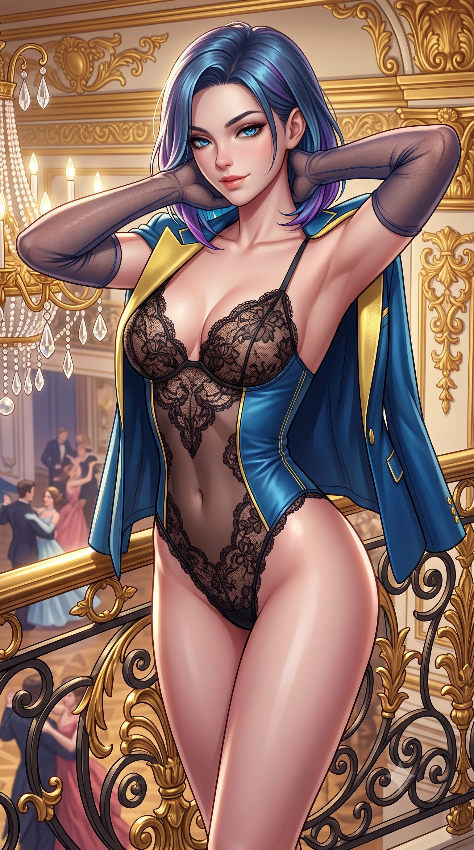 score_9, masterpiece, best quality, ultra-detailed, high-budget anime keyframe, semi-realistic 3D game render, editorial fashion photography, tasteful artistic composition, Caucasian woman. close-up cowboy shot from the waist and thighs up, the character dominates the composition, filling the frame with her large presence. resting both hands lightly behind her neck with elbows raised, arching her spine to highlight her narrow waist, flat midriff, and breathtaking collarbones while leaning over the gilded balustrade with hips cocked back, looking down at the swirling dancers below with a teasing, smoldering bedroom-gaze. The surrounding environment is rendered in vivid detail and crisp panoramic clarity: sharp 24-karat gold leaf carvings on moldings, faceted crystal chandelier drops, and wrought-iron scrollwork in deep focus. She has an exceptionally elegant, slender, and willowy female figure with an ultra-slim waist, flat toned midriff, narrow ribcage, and sculpted feminine hips creating an alluring, slim hourglass silhouette without bulk. sharp v-shaped jawline, high-bridge nose, sparkling eyes with hypnotic seductive depth, thick curled eyelashes, glossy parted lips with a natural dewy peach sheen, alluring bedroom-eyes with an enchanting coquettish smile, exuding magnetic siren charisma and sophisticated glamour, flawlessly proportioned anatomical accuracy, strict slender model proportions, natural body alignment, perfectly sculpted long slender limbs, ultra-slim waistline, clean dynamic posture without body distortion. wearing a delicate sheer French Chantilly lace teddy layered under an open tailored tuxedo blazer draped over bare shoulders in Amalfi azure blue and sunlit lemon gold, woven from buttery-soft stretch lambskin leather adhering to her body like a second skin, complemented by sheer opera-length evening gloves tracing her slender arms, the liquid-tight tailored fabric clinging flawlessly to her narrow waist and rounded feminine hips, emphasizing every millimeter of her sculpted slim hourglass curves without any bulky heaviness. illuminated by gilded surface bounce and sharp platinum-gold rim lights sculpting her jawline, flat midriff, and voluptuous hip curves. highly saturated vibrant anime colors, detailed shading with soft gradients, rich glossy textures, high-contrast stereoscopic depth, volumetric dynamic lighting, master piece, 9:16 ratio
