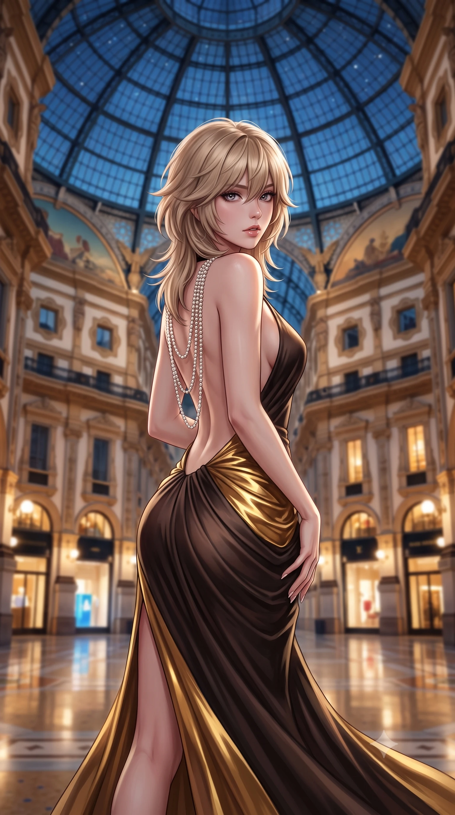 score_9, masterpiece, best quality, ultra-detailed, high-budget anime keyframe, semi-realistic 3D game render, editorial fashion photography, tasteful artistic composition, Japanese woman. close-up cowboy shot from the waist and thighs up, the character dominates the composition, filling the frame with her large presence. resting one manicured hand delicately on her hip bone, her upper body turning in a fluid, seductive S-curve while parted lips glisten in the light while standing poised between towering four-story neoclassical facades, twisting her slender torso in an alluring S-curve under the starlit glass dome. The composition keeps background elements in soft focus with creamy bokeh. monumental iron-and-glass vaulted ceiling and illuminated luxury boutique windows blurred into warm champagne, sapphire, and gold bokeh. She has an exceptionally elegant, slender, and willowy female figure with an ultra-slim waist, flat toned midriff, narrow ribcage, and sculpted feminine hips creating an alluring, slim hourglass silhouette without bulk. sharp v-shaped jawline, high-bridge nose, intricate jewel-like eyes with depth, thick eyelashes, glossy parted lips with a natural sheen, intensely captivating and seductive bedroom-eyes expression, flawlessly proportioned anatomical accuracy, strict slender model proportions, natural body alignment, perfectly sculpted long slender limbs, ultra-slim waistline, clean dynamic posture without body distortion. wearing an open-back duchess satin gala gown with a dramatic hip-hugging drape and cascading trailing hem in dark espresso brown and molten gold foil, made of fluid silk crepe with delicate inner corsetry boning, accented with a multi-strand pearl back necklace cascading down her bare spine to her hips, the glove-like aerodynamic silhouette tightly following the natural contour of her hips and long slender legs with statuesque 8.5-heads elegance. bathed in soft architectural boutique spotlighting contrasting with cool midnight skylight through the glass dome. highly saturated vibrant anime colors, detailed shading with soft gradients, rich glossy textures, high-contrast stereoscopic depth, volumetric dynamic lighting, master piece, 9:16 ratio