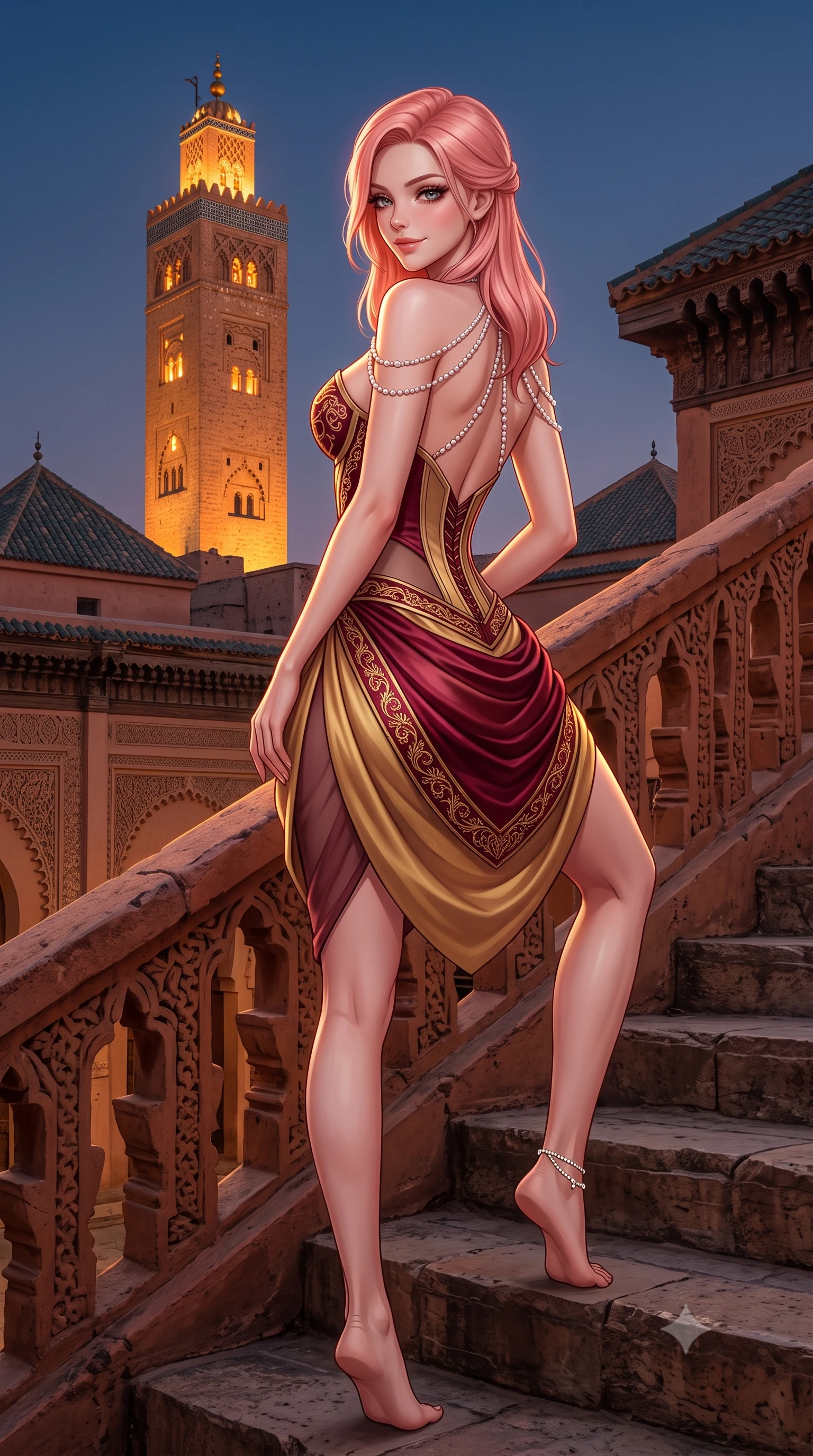 score_9, masterpiece, best quality, ultra-detailed, high-budget anime keyframe, semi-realistic 3D game render, editorial fashion photography, tasteful artistic composition, Japanese woman. low angle full-body shot from head to toe showing her feet, filling the entire 9:16 vertical frame with her statuesque presence, stretching her vertical silhouette. sitting poised on the stone steps with one knee bent, arching her spine with supermodel elegance as she glances upward through thick eyelashes while standing poised beside the carved terracotta parapet with hips cocked back, looking over a bare shoulder toward the illuminated Koutoubia minaret with bedroom-eyes. The surrounding environment is rendered in vivid detail and crisp panoramic clarity: detailed backless plunge-front silk satin jumpsuit tailoring, diamond ankle chain sparkle, and historic Medina architecture in razor-sharp precision. She has an absolutely perfect, statuesque 8.5-heads proportion, an exceptionally tall and slender model-like female figure with impossibly long slender legs, an ultra-slim waist, a flat toned midriff, narrow delicate ribcage, and beautifully sculpted feminine hips creating a graceful, slim hourglass silhouette without any bulky heaviness. sharp v-shaped jawline, high-bridge nose, sparkling eyes with hypnotic seductive depth, thick curled eyelashes, glossy parted lips with a natural dewy peach sheen, alluring bedroom-eyes with an enchanting coquettish smile, exuding magnetic siren charisma and sophisticated glamour, flawlessly proportioned anatomical accuracy, strict slender model proportions, natural body alignment, perfectly sculpted long slender limbs, ultra-slim waistline, clean dynamic posture without body distortion. wearing a structured boned satin corset bodice with crushed velvet piping paired with a draped tulip mini skirt in Vienna imperial bordeaux and Habsburg gold, made of semi-opaque stretch illusion mesh with soft shadowy contours, accented with a pearl-drop body harness subtly framing her dewy collarbones and spine, the high-slit wrap tailoring accentuating her ultra-slim waistline and the enchanting curve of her feminine hips with alluring seductive charm. illuminated by rooftop tile reflection fill and sharp flame-gold rim lights sculpting her jawline, flat midriff, and voluptuous hip curves. highly saturated vibrant anime colors, detailed shading with soft gradients, rich glossy textures, high-contrast stereoscopic depth, volumetric dynamic lighting, master piece, 9:16 ratio