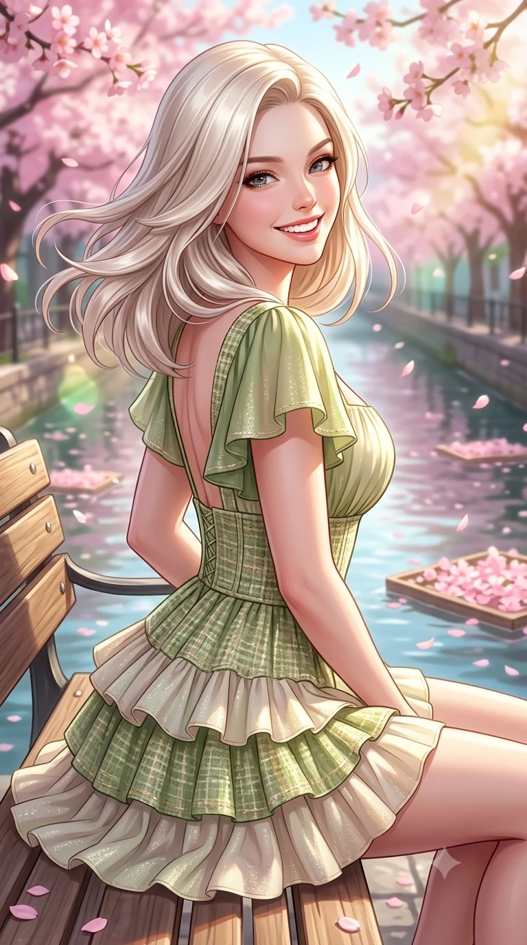 score_9, masterpiece, best quality, ultra-detailed, high-budget anime keyframe, semi-realistic 3D game render, editorial fashion photography, tasteful artistic composition, Caucasian woman. close-up cowboy shot from the waist and thighs up, the character dominates the composition, filling the frame with her large presence. turning playfully with a bright confident smile, her glossy hair tossing in the breeze as her hips angle gracefully in a captivating contrapposto while sitting on a sunlit wooden bench beside the canal, her form-hugging outfit accentuating her narrow waist and curvy hips in the spring breeze. The composition keeps background elements in soft focus with dreamy creamy bokeh. swirling pink sakura cherry blossom canopies and floating petal rafts on water blurred into soft rose-pink, jade, and golden sunbeam bokeh. She has an exceptionally elegant, slender, and willowy female figure with an ultra-slim waist, flat toned midriff, narrow ribcage, and sculpted feminine hips creating an alluring, slim hourglass silhouette without bulk. sharp v-shaped jawline, high-bridge nose, intricate jewel-like sparkling eyes with depth, thick eyelashes, glossy parted lips with a natural peach sheen, bright cheerful beaming smile with an enchanting and coquettish sensual glint, exuding both youthful cute charm and seductive allure, flawlessly proportioned anatomical accuracy, strict slender model proportions, natural body alignment, perfectly sculpted long slender limbs, ultra-slim waistline, clean dynamic posture without body distortion. wearing a tiered ruffled chiffon mini dress with a fitted corseted waist and open back in matcha green and warm ivory, tailored from soft pastel tweed with subtle metallic shimmer, featuring elegant flutter sleeves and a graceful square neckline, the form-contouring cut accentuating her sculpted flat midriff, narrow delicate ribcage, and gracefully curvy hips with supermodel precision. bathed in bright morning spring sunlight scattering through blooming flower canopies. highly saturated vibrant anime colors, detailed shading with soft gradients, rich glossy textures, high-contrast stereoscopic depth, volumetric dynamic lighting, master piece, 9:16 ratio