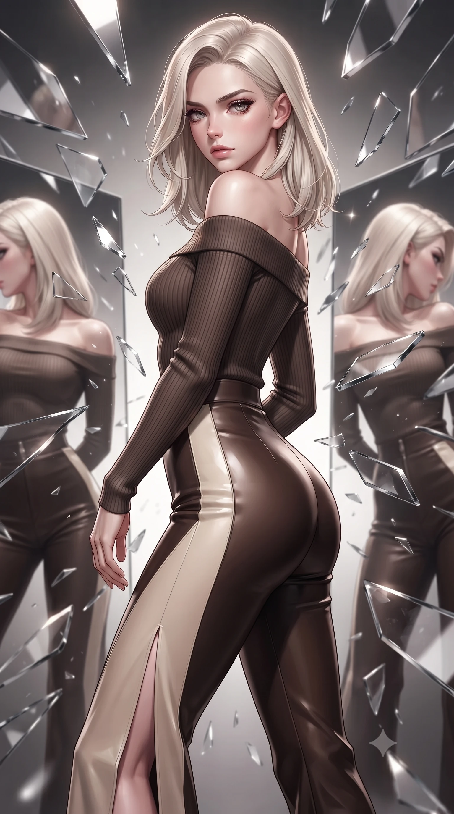 score_9, masterpiece, best quality, ultra-detailed, high-budget anime keyframe, editorial fashion photography, tasteful artistic composition, Caucasian woman. close-up cowboy shot from the waist and thighs up, the character dominates the composition, filling the frame with her large presence, background elements kept in soft focus. Pivoting sharply while looking back over her shoulder with heavy lashes and a confident, intense gaze while turning in a sharp dynamic profile while surrounded by rotating shattered mirror shards, multiple mirror reflections capturing her statuesque form from dramatic angles. She has an exceptionally elegant, slender, and willowy female figure with an ultra-slim waist, a gracefully sculpted slender torso, and a refined silhouette. sharp v-shaped jawline, high-bridge nose, intricate jewel-like eyes with depth, thick eyelashes, glossy lips with a natural sheen, flawlessly proportioned anatomical accuracy, natural body alignment, perfectly sculpted elegant limbs, clean dynamic posture without body distortion. wearing a sleek off-shoulder ribbed knit top paired with high-waist tailored pants in espresso brown and warm cream, formed from sleek second-skin neoprene, finished with a sleek side slit ascending to mid-thigh, the glove-like fit emphasizing her statuesque silhouette during motion. surrounded by a radiant, high-energy reflection aura. ultra-reflective glossy finish, specular highlights, metallic sheen, high-contrast stereoscopic depth, volumetric dynamic lighting, 2k, ultra detail, master piece, 9:16 ratio