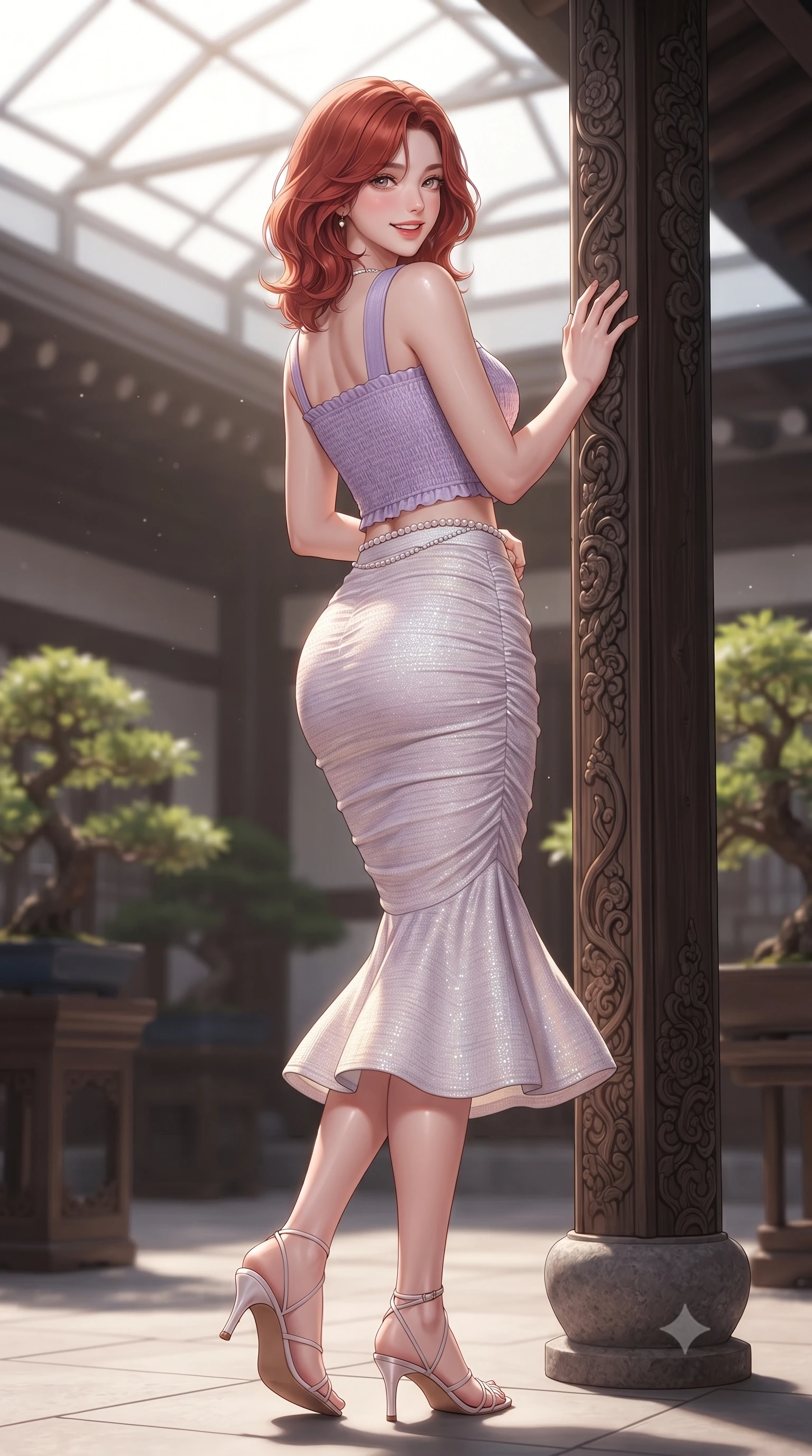 score_9, masterpiece, best quality, ultra-detailed, high-budget anime keyframe, editorial fashion photography, tasteful artistic composition, Korean woman. low angle full-body shot from head to toe showing her feet, filling the entire 9:16 vertical frame with her statuesque presence, stretching her vertical silhouette. executing a cheerful mid-motion pivot turn as her skirt flutters around her slender legs, glancing over her shoulder with an intoxicating, teasing cute expression while leaning against an ancient carved wooden courtyard pillar with hips cocked back, looking over a bare shoulder with an alluring, coquettish glint in her eyes. The composition keeps background elements in soft focus with dreamy creamy bokeh. glass atrium skylights and leafy bonsai planters softened in nostalgic urban shallow focus. She has an exceptionally tall and slender model-like 8.5-heads proportion, an ultra-slim waist, a flat toned midriff, narrow delicate ribcage, and beautifully sculpted feminine hips creating a graceful, slim hourglass silhouette without any bulky heaviness, with impossibly long slender legs. sharp v-shaped jawline, high-bridge nose, intricate jewel-like sparkling eyes with depth, thick eyelashes, glossy parted lips with a natural peach sheen, bright cheerful beaming smile with an enchanting and coquettish sensual glint, exuding both youthful cute charm and seductive allure, flawlessly proportioned anatomical accuracy, strict slender model proportions, natural body alignment, perfectly sculpted long slender limbs, ultra-slim waistline, clean dynamic posture without body distortion. wearing a fitted square-neck smocked crop top paired with a curve-hugging ruched mermaid midi skirt in delicate lavender violet and pearlescent white, tailored from soft pastel tweed with subtle metallic shimmer, accented with a dainty pearl waist chain catching the ambient sunlight, the liquid-tight tailored fabric clinging flawlessly to her narrow waist and rounded feminine hips, emphasizing every millimeter of her sculpted slim hourglass curves without any bulky heaviness. illuminated by warm wood bounce light sharply sculpting her razor-sharp jawline, narrow waist, and curvy hips. ultra-reflective glossy finish, specular highlights, rich textural contrasts, high-contrast stereoscopic depth, volumetric dynamic lighting, 2k, ultra detail, master piece, 9:16 ratio
