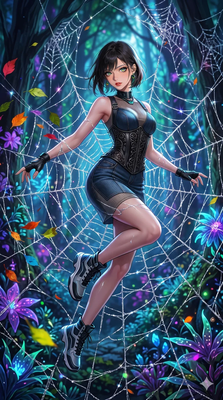 첨부의 캐릭터 얼굴만 유지해, score_9, masterpiece, best quality, ultra-detailed, Set A: Photorealistic 8k CG, Japanese woman. Low angle cowboy shot filling the entire 9:16 frame with her statuesque presence. Leaping through a giant spiderweb made of silver silk. She has an absolutely perfect 8-heads proportion, an exceptionally tall and slender female figure with elegant long slender legs and an slender waist. Sharp v-shaped jawline, high-bridge nose, intricate jewel-like eyes with depth, thick eyelashes, glossy lips. Wearing an Urban Trendsetter outfit: elegant form-fitting dress with high-waist denim and ornate corset. Background is a bright and colorful dark forest with glowing plants and sparkling silver webs. 2k, ultra detail, master piece, 9:16 ratio