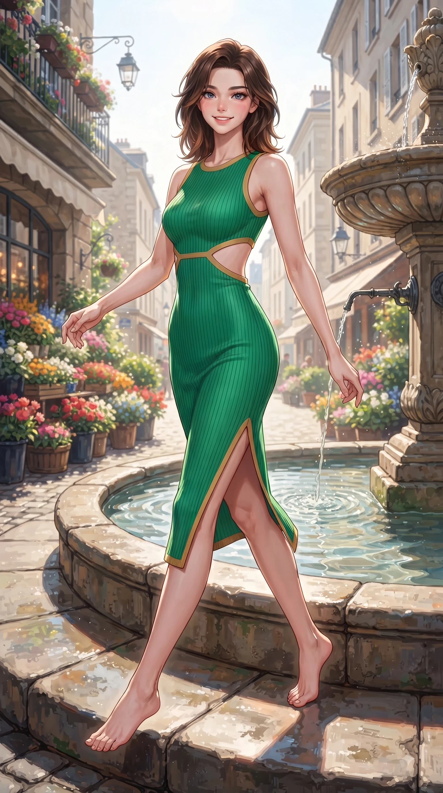 score_9, masterpiece, best quality, ultra-detailed, high-budget anime keyframe, editorial fashion photography, tasteful artistic composition, Korean woman. low angle full-body shot from head to toe showing her feet, filling the entire 9:16 vertical frame with her statuesque presence, stretching her vertical silhouette. stepping forward gracefully in mid-motion with a delighted cute expression, displaying her statuesque model proportions while pivoting gracefully near an ancient stone fountain catching bright morning sunbeams. The surrounding environment is rendered in vivid detail and crisp panoramic clarity. vibrant flower displays, fountain water ripples, and crisp architectural shadows in high clarity. She has an absolutely perfect, statuesque 8.5-heads proportion, an exceptionally tall and slender model-like female figure with impossibly long slender legs and an ultra-slim waist. sharp v-shaped jawline, high-bridge nose, intricate jewel-like eyes with depth, thick eyelashes, glossy lips with a natural sheen, flawlessly proportioned anatomical accuracy, natural body alignment, perfectly sculpted elegant limbs, clean dynamic posture without body distortion. wearing a form-fitting ribbed knit midi dress with a tasteful side leg slit in bright emerald green and warm gold trim, tailored from fine wool crepe with clean lines, complemented by clean architectural cutouts along her slender torso, the elegant draped fit framing her graceful clavicle and slender torso. surrounded by a romantic, timeless, and scenic European street ambiance. ultra-reflective glossy finish, specular highlights, metallic sheen, high-contrast stereoscopic depth, volumetric dynamic lighting, 2k, ultra detail, master piece, 9:16 ratio