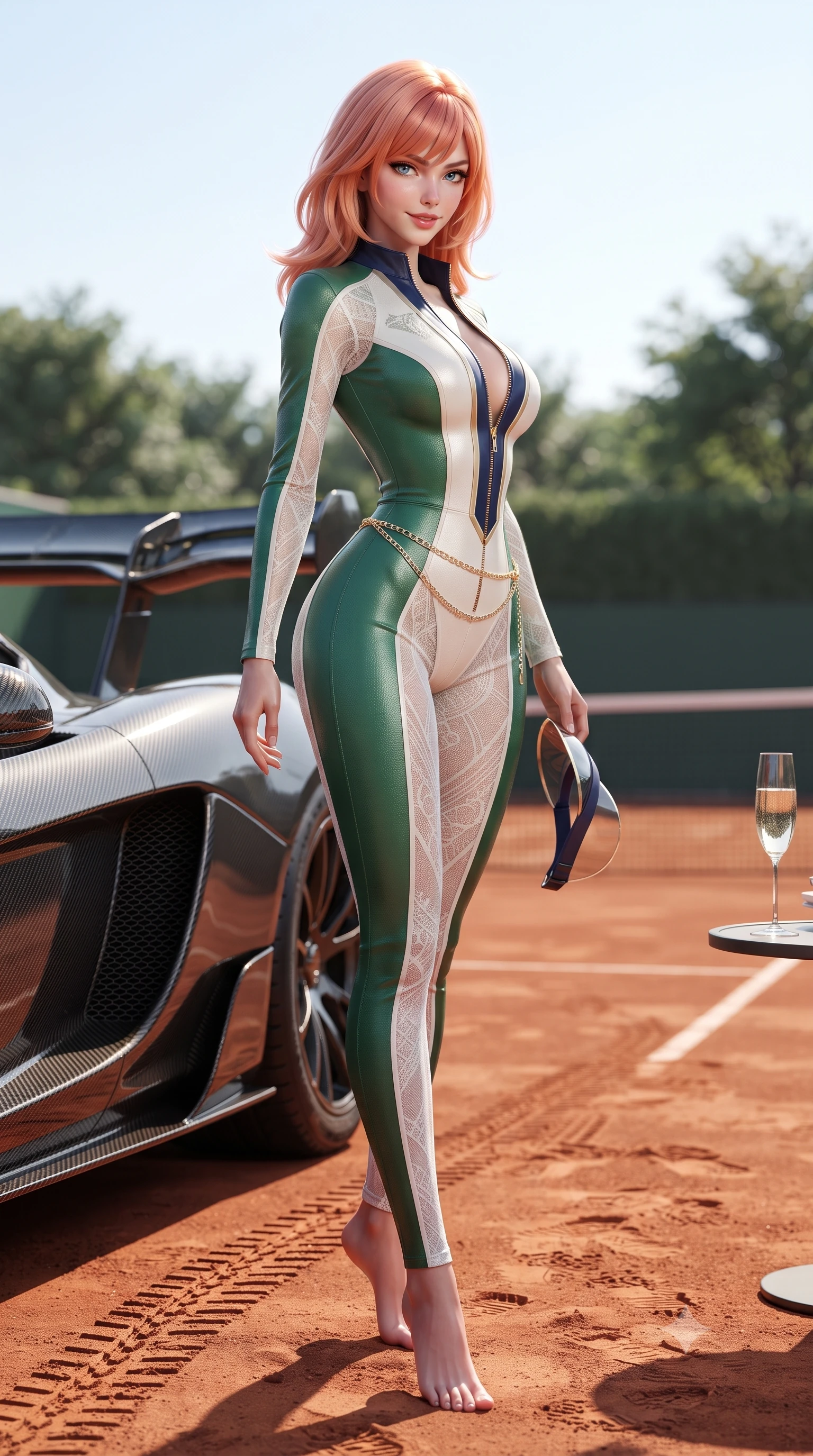 score_9, masterpiece, best quality, ultra-detailed, high-budget anime keyframe, editorial fashion photography, tasteful artistic composition, Japanese woman. low angle full-body shot from head to toe showing her feet, filling the entire 9:16 vertical frame with her statuesque presence, stretching her vertical silhouette. walking slowly along the clay court baseline, looking back over her shoulder with an air of effortless grace and an alluring, smoldering smile while sitting perched on the hood of a sleek carbon-fiber hypercar on the paddock terrace, arching her lower back with a confident, smoldering half-smile and racing visor in hand. The surrounding environment is rendered in vivid detail and crisp panoramic clarity: sharp carbon-fiber hypercar wing weave, tire tread grooves, and champagne glass crystal clarity in deep focus. She has an absolutely perfect, statuesque 8.5-heads proportion, an exceptionally tall and slender model-like female figure with impossibly long slender legs, an ultra-slim waist, a flat toned midriff, narrow delicate ribcage, and beautifully sculpted feminine hips creating a graceful, slim hourglass silhouette without any bulky heaviness. sharp v-shaped jawline, high-bridge nose, sparkling eyes with athletic focus and depth, thick curled eyelashes, glossy parted lips with a natural coral-peach sheen, bright confident and coquettish smile with alluring bedroom-eyes, exuding both youthful sporty vigor and sovereign high-society glamour, flawlessly proportioned anatomical accuracy, strict slender model proportions, natural body alignment, perfectly sculpted long slender limbs, ultra-slim waistline, clean dynamic posture without body distortion. wearing an ultra-tight form-contouring racing leather catsuit in two-tone white and British racing green with a deep-plunging zip neck in Monaco navy blue and cream champagne gold, crafted from sheer delicate stretch lace reinforced with technical sport threads, accented with a delicate gold chain belt resting loosely on her curvy hips, the high-waisted wrap tailoring accentuating her ultra-slim waistline and the enchanting curve of her feminine hips with alluring sporty charm. illuminated by car bonnet specular bounce and sharp platinum rim lights sculpting her razor-sharp jawline, narrow waist, and curvy hips. ultra-reflective glossy finish, specular highlights, rich textural contrasts, high-contrast stereoscopic depth, volumetric dynamic lighting, 2k, ultra detail, master piece, 9:16 ratio