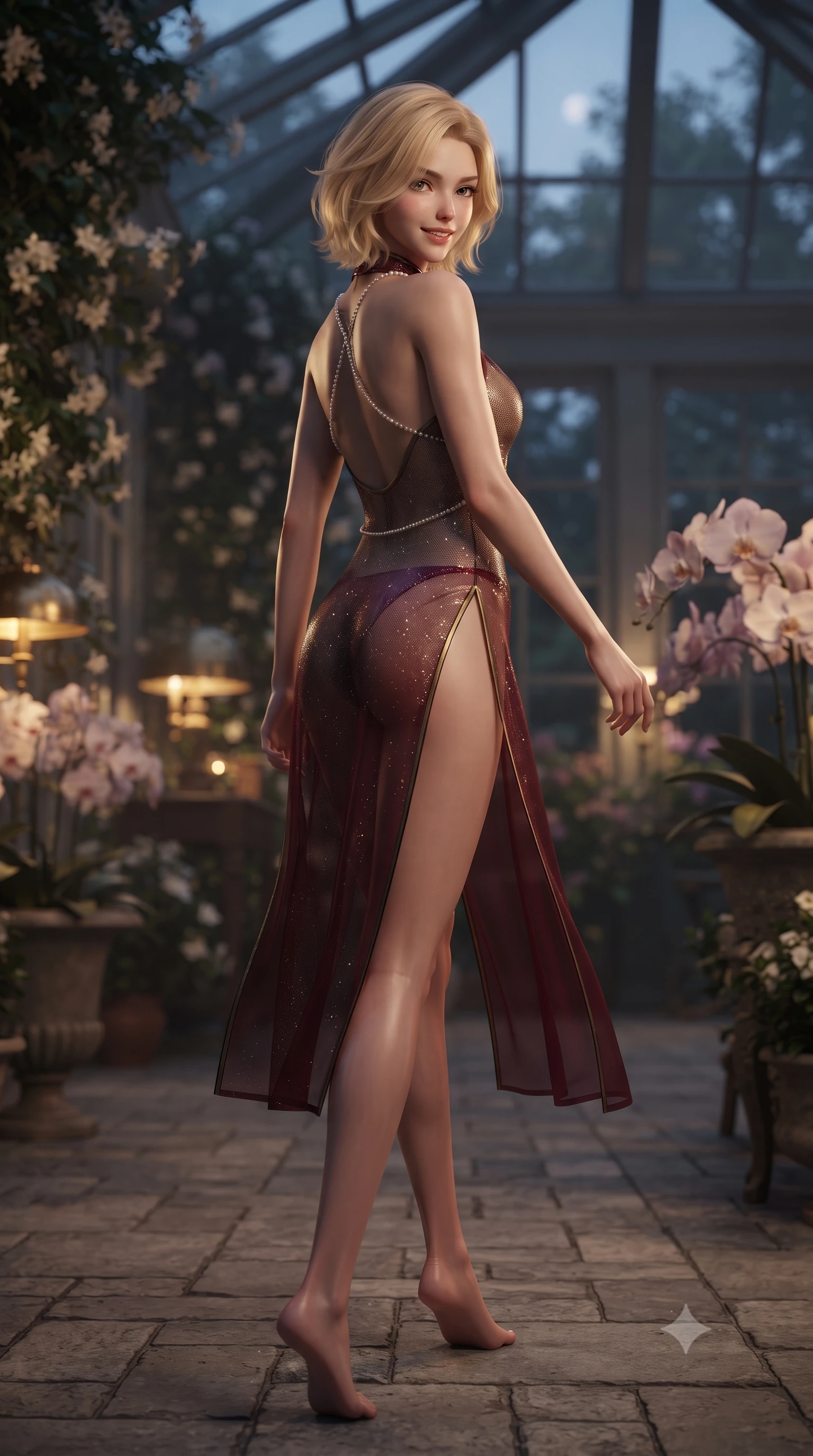 score_9, masterpiece, best quality, ultra-detailed, high-budget anime keyframe, editorial fashion photography, tasteful artistic composition, Caucasian woman. low angle full-body shot from head to toe showing her feet, filling the entire 9:16 vertical frame with her statuesque presence, stretching her vertical silhouette. walking along the terrace with poise, looking back over her bare shoulder with an irresistible smoldering bedroom-gaze while twisting her slender torso in an alluring S-curve beside the lush potted orchids, soft floor lamp glows tracing her narrow waist and hips. The background shows a soft-focus climbing night-blooming jasmine vines softened in secluded heritage conservatory shallow focus. She has an exceptionally tall and slender model-like 8.5-heads proportion, an ultra-slim waist, a flat toned midriff, narrow delicate ribcage, and beautifully sculpted feminine hips creating a graceful, slim hourglass silhouette without any bulky heaviness, with impossibly long slender legs. sharp v-shaped jawline, high-bridge nose, intricate jewel-like sparkling eyes with depth, thick eyelashes, glossy parted lips with a natural peach sheen, bright cheerful beaming smile with an enchanting and coquettish sensual glint, exuding both youthful cute charm and seductive allure, flawlessly proportioned anatomical accuracy, strict slender model proportions, natural body alignment, perfectly sculpted long slender limbs, ultra-slim waistline, clean dynamic posture without body distortion. wearing a provocative sheer silk organza modern qipao dress with dramatic hip-high side slits and translucent mesh frog-button bodice in French boudoir bordeaux wine and antique brass, woven from stretch metallic lurex jersey casting radiant starlight glints across her curves, accented with a pearl-drop body harness subtly framing her dewy collarbones and spine, the precision-cut side openings and low-back scoop framing her graceful spine and the sensual sweep of her slim, toned hips. bathed in the moody warm 2300K glow of antique brass reading lamps mixed with silver moonlight through glass. ultra-reflective glossy finish, specular highlights, rich textural contrasts, high-contrast stereoscopic depth, volumetric dynamic lighting, 2k, ultra detail, master piece, 9:16 ratio
