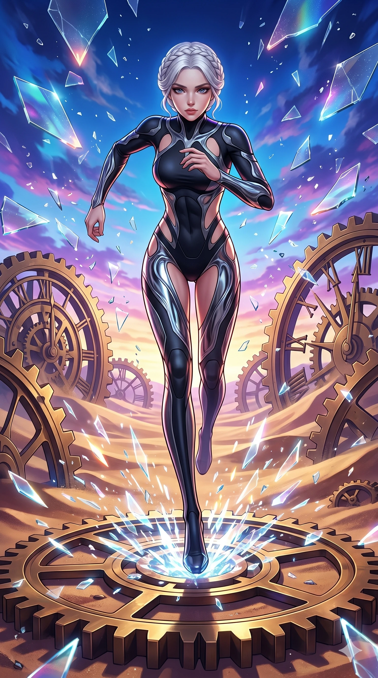 score_9, masterpiece, best quality, ultra-detailed, Set A: High-budget Anime Keyframe, Korean woman. Low angle cowboy shot filling the entire 9:16 frame with her statuesque presence. Sprinting through a clockwork desert, as the ground beneath her turns into 141 shards of light and surrounded by shattered glass fragments. She has an absolutely perfect 8-heads proportion, an exceptionally tall and slender female figure with impossibly long slender legs and an ultra-slim waist. Sharp v-shaped jawline, high-bridge nose, intricate jewel-like eyes with depth, thick eyelashes, glossy lips with a natural sheen. Wearing Minimalist tech-suit with negative-space cutouts and liquid metal textures. Cinematic lighting, vibrant colors, dramatic shadows, 2k, ultra detail, master piece, 9:16 ratio