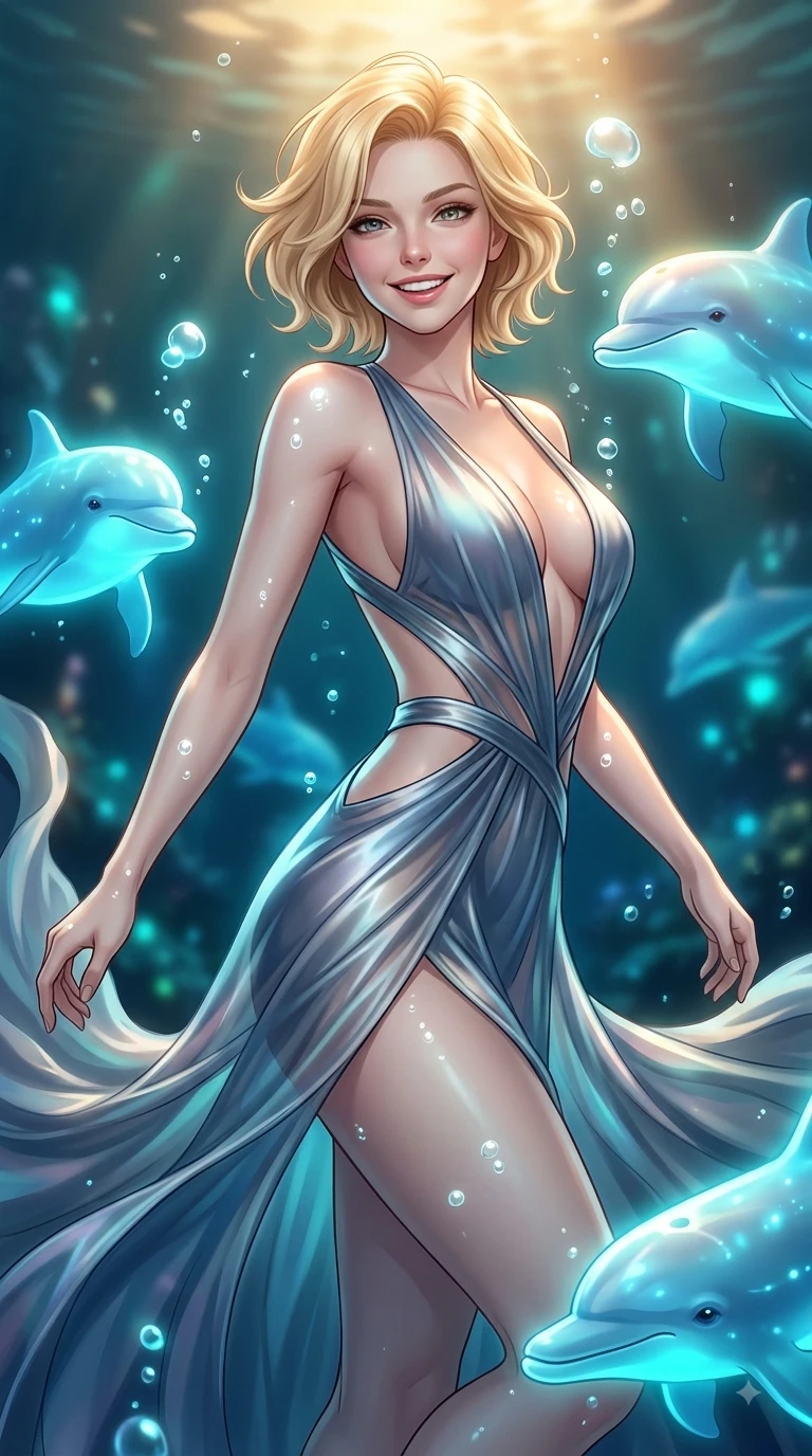 score_9, masterpiece, best quality, ultra-detailed, high-budget anime keyframe, editorial fashion photography, tasteful artistic composition, Caucasian woman. close-up cowboy shot from the waist and thighs up, the character dominates the composition, filling the frame with her large presence, background elements kept in soft focus. Cheerful beaming smile with parted lips, exuding pure enchanting charm while turning dynamically toward the camera while swimming underwater in a dynamic playful spin alongside friendly bioluminescent dolphins, rising bioluminescent bubbles casting soft pearl-white highlights on her skin. She has an exceptionally elegant, slender, and willowy female figure with an ultra-slim waist, a gracefully sculpted slender torso, and a refined silhouette. sharp v-shaped jawline, high-bridge nose, intricate jewel-like eyes with depth, thick eyelashes, glossy lips with a natural sheen, flawlessly proportioned anatomical accuracy, natural body alignment, perfectly sculpted elegant limbs, clean dynamic posture without body distortion. wearing a translucent iridescent chiffon gown with a plunging neckline and open back in slate blue and metallic silver, crafted from lustrous satin jersey with fluid draping, featuring clean architectural cutouts along her slender torso, the sleek second-skin texture accentuating her magnetic presence. illuminated by cheerful aqua bioluminescence and warm golden top lighting. highly saturated vibrant anime colors, detailed shading with soft gradients, rich glossy textures, high-contrast stereoscopic depth, volumetric dynamic lighting, master piece, 9:16 ratio