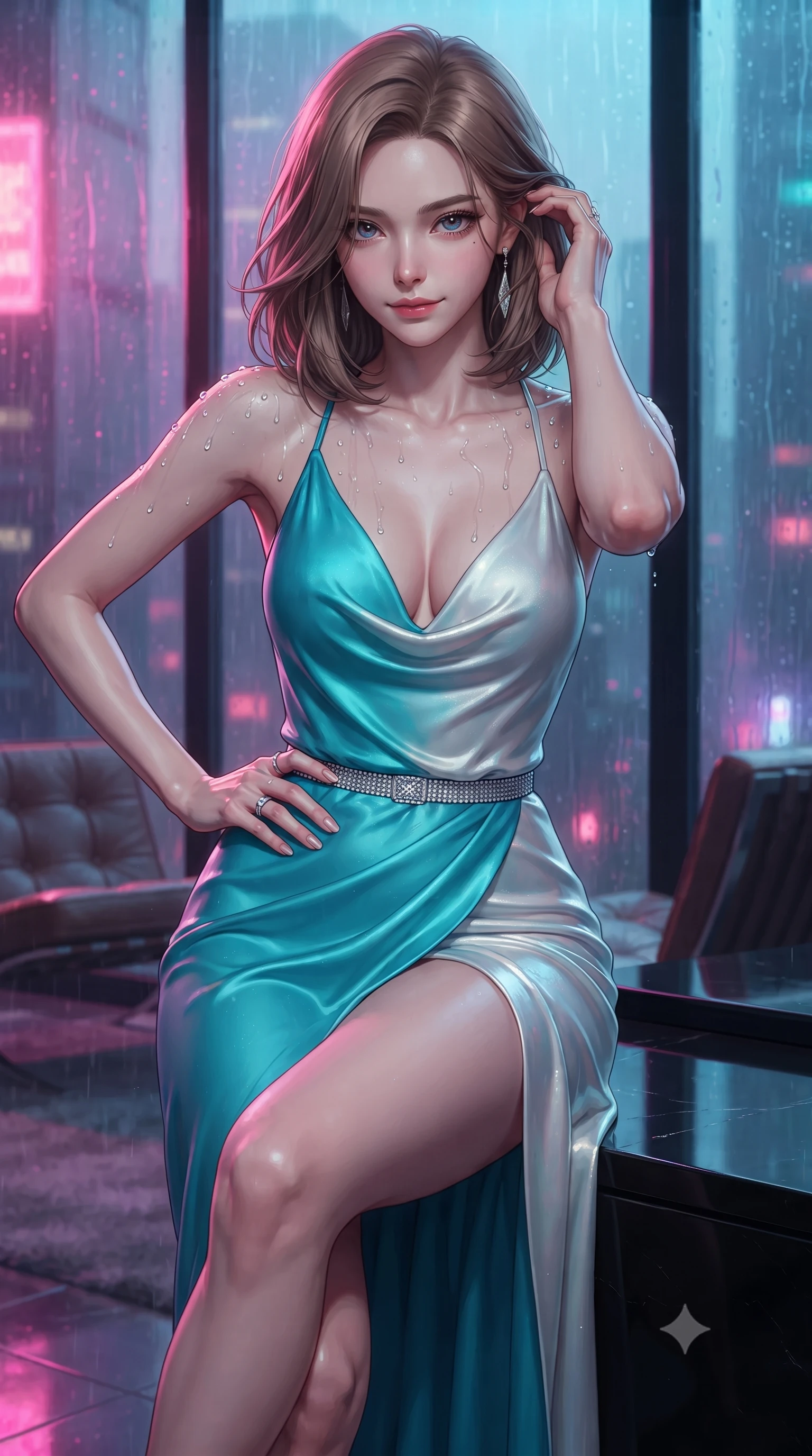 score_9, masterpiece, best quality, ultra-detailed, high-budget anime keyframe, editorial fashion photography, tasteful artistic composition, Korean woman. close-up cowboy shot from the waist and thighs up, the character dominates the composition, filling the frame with her large presence. twisting her slender torso in an alluring contrapposto stance, one hand resting on her sculpted hip while her fingers toy with her hair with effortless poise while sitting perched on the wide black lacquer window sill with one knee drawn up, resting her chin on her hand with dangerous seductive cool. The background shows a soft-focus minimalist leather lounge chairs softened in moody cinematic metropolitan shallow focus. She has an exceptionally elegant, slender, and willowy female figure with an ultra-slim waist, flat toned midriff, narrow ribcage, and sculpted feminine hips creating an alluring, slim hourglass silhouette without bulk. sharp v-shaped jawline, high-bridge nose, sparkling eyes with hypnotic seductive depth, thick curled eyelashes, glossy parted lips with a natural dewy peach sheen, alluring bedroom-eyes with an enchanting coquettish smile, exuding magnetic siren charisma and sophisticated glamour, flawlessly proportioned anatomical accuracy, strict slender model proportions, natural body alignment, perfectly sculpted long slender limbs, ultra-slim waistline, clean dynamic posture without body distortion. wearing a plunging cowl-neck liquid silk evening gown with dramatic train and diamond-accented waist cinch in Maldives ocean cyan and shimmering pearl white, woven from buttery-soft stretch lambskin leather adhering to her body like a second skin, finished with glistening drops of lagoon or spa water beading across her sculpted shoulders and collarbones, the high-slit wrap tailoring accentuating her ultra-slim waistline and the enchanting curve of her feminine hips with alluring seductive charm. bathed in dynamic shifting neon light transmitted through rain-streaked exterior glass panes. ultra-reflective glossy finish, specular highlights, rich textural contrasts, high-contrast stereoscopic depth, volumetric dynamic lighting, 2k, ultra detail, master piece, 9:16 ratio