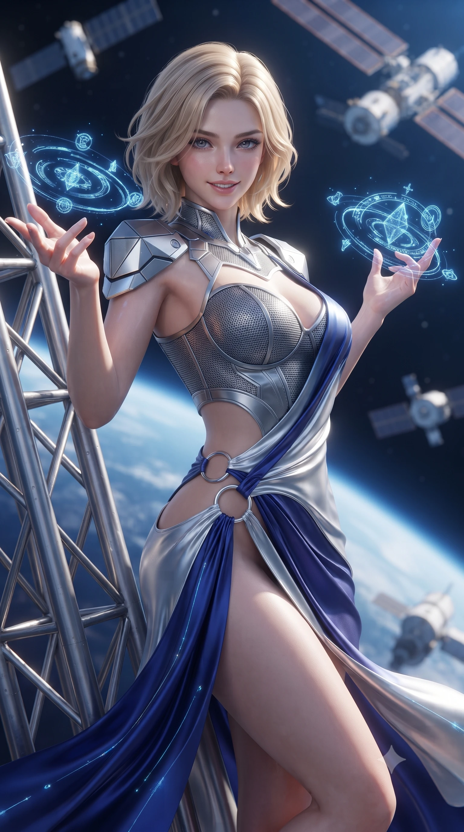 score_9, masterpiece, best quality, ultra-detailed, high-budget anime keyframe, editorial fashion photography, tasteful artistic composition, Caucasian woman. close-up cowboy shot from the waist and thighs up, the character dominates the composition, filling the frame with her large presence. extending one arm gracefully as floating holographic glyphs and nano-crystals orbit her fingertips with sovereign power while leaning against a structural titanium truss with a confident, celestial smile looking directly into the lens. The composition keeps background elements in soft focus with creamy bokeh. orbital solar array trusses and satellite modules softened in smooth cosmic atmospheric focus. She has an exceptionally elegant, slender, and willowy female figure with an ultra-slim waist, a gracefully sculpted slender torso, toned flat midriff, and a refined slim silhouette. sharp v-shaped jawline, high-bridge nose, intricate jewel-like eyes with depth, thick eyelashes, glossy lips with a natural sheen, flawlessly proportioned anatomical accuracy, strict slender model proportions, natural body alignment, perfectly sculpted long slender limbs, ultra-slim waistline, clean dynamic posture without body distortion. wearing a structured titanium-mesh bustier with geometric shoulder pauldrons and an ultra-slender liquid jersey drape in liquid platinum silver and deep sapphire blue LED filaments, made of smooth flowing silk chiffon that shifts colors with movement, detailed with polished silver rings connecting the daring side-waist cutouts, the glove-like aerodynamic second-skin fit tightly clinging to her ultra-slender waist and athletic curves without adding bulk, accentuating her razor-sharp statuesque lines and slim hourglass silhouette. bathed in dazzling high-noon orbital sunlight and rich blue planetary ambient bounce light. ultra-reflective glossy finish, specular highlights, dark metallic sheen, high-contrast stereoscopic depth, volumetric dynamic lighting, 2k, ultra detail, master piece, 9:16 ratio