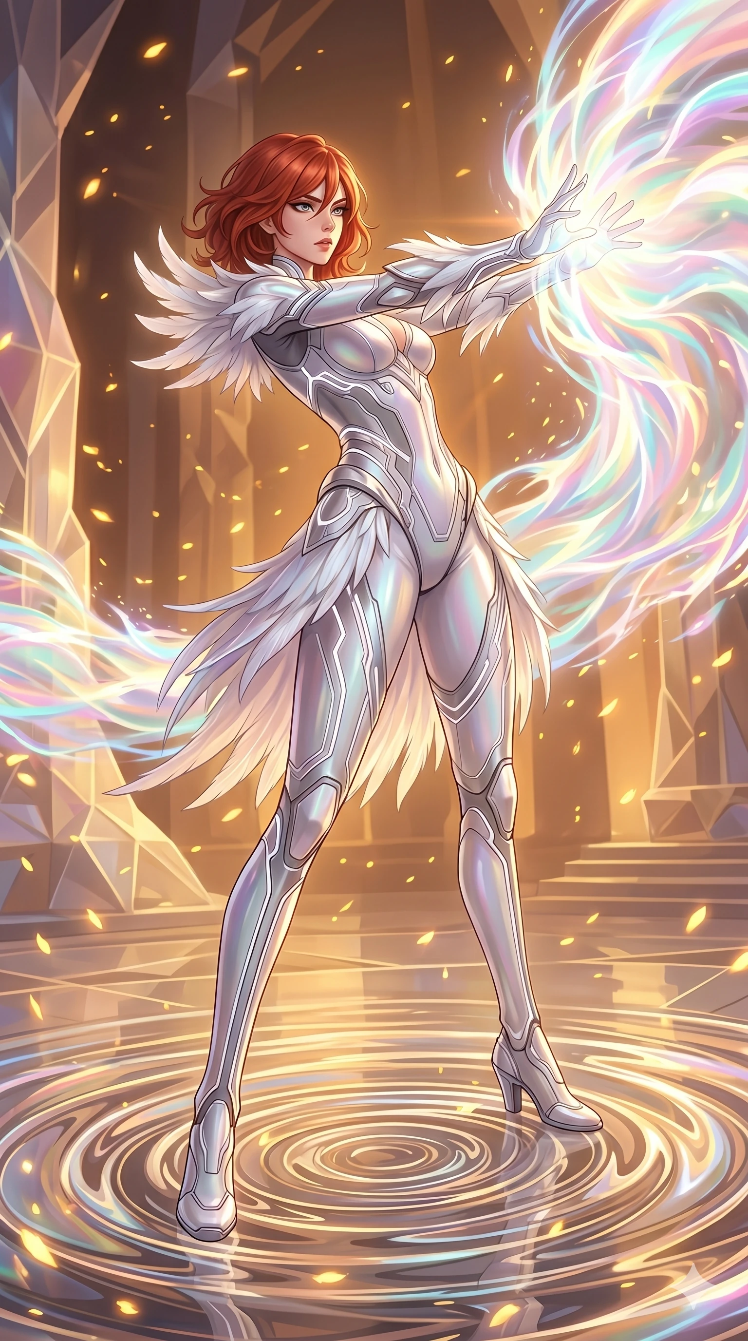 score_9, masterpiece, best quality, ultra-detailed, Set A: High-budget Anime Keyframe, Japanese woman. Low angle cowboy shot filling the entire 9:16 frame with her statuesque presence. Theme: Ethereal Dream. unleashing a massive energy wave in a temple made of solid light, as she steps on ripples of time that distort the space 191. The atmosphere is filled with golden hour with floating embers. She has an absolutely perfect 8-heads proportion, an exceptionally tall and slender female figure with impossibly long slender legs and an ultra-slim waist. Sharp v-shaped jawline, high-bridge nose, intricate jewel-like eyes with depth, glossy lips. Wearing Elegant swan-inspired tech-outfit with white feathers and glowing silver accents. Cinematic lighting, vivid colors, dramatic shadows, 2k, ultra detail, master piece, 9:16 ratio