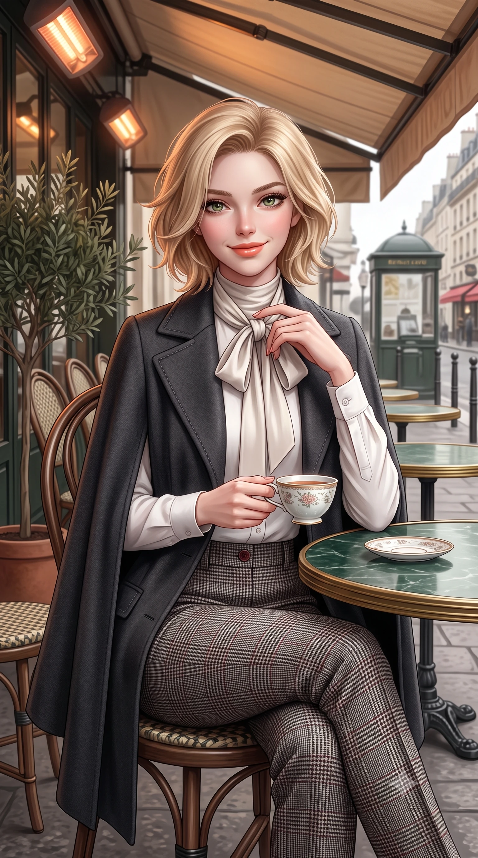 score_9, masterpiece, best quality, ultra-detailed, high-budget anime keyframe, semi-realistic 3D game render, editorial fashion photography, tasteful artistic composition, Caucasian woman. close-up cowboy shot from the waist and thighs up, the character dominates the composition, filling the frame with her large presence. touching her silk scarf with delicate fingertips while casting an affectionate, warm glance toward the lens while sitting poised at a round green marble bistrot table beneath the heated cafe awning, cradling a porcelain cup with a radiant French smile. The surrounding environment is rendered in vivid detail and crisp panoramic clarity: detailed silk pussy-bow blouse drape, tailored A-line wool skirt pleats, and authentic Parisian street furniture in high resolution. She has an exceptionally elegant, slender, and willowy female figure with an ultra-slim waist, flat toned midriff, narrow ribcage, and sculpted feminine hips creating an alluring, slim hourglass silhouette without bulk. sharp v-shaped jawline, high-bridge nose, intricate jewel-like sparkling eyes with depth, thick eyelashes, glossy parted lips with a natural peach sheen, bright cheerful beaming smile with an enchanting and coquettish sensual glint, exuding both youthful cute charm and seductive allure, flawlessly proportioned anatomical accuracy, strict slender model proportions, natural body alignment, perfectly sculpted long slender limbs, ultra-slim waistline, clean dynamic posture without body distortion. wearing an elegant tailored cape coat in brushed wool worn over a crisp white cotton shirt and tailored cigarette pants in classic glen plaid monochrome with subtle wine red accent, crafted from rich cotton velvet with deep light-absorbing pile and soft gradients, featuring delicate tonal horn buttons and meticulous hand-stitched pick-lapel borders, the streamlined silhouette following her natural slender proportions with sophisticated poise, enhancing her tall willowy presence. bathed in soft overcast Parisian natural daylight warmed by glowing overhead outdoor patio heaters. highly saturated vibrant anime colors, detailed shading with soft gradients, rich glossy textures, high-contrast stereoscopic depth, volumetric dynamic lighting, master piece, 9:16 ratio