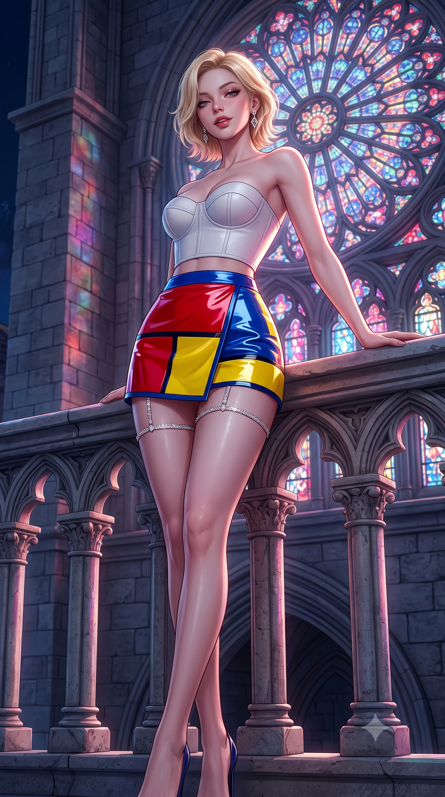 score_9, masterpiece, best quality, ultra-detailed, high-budget anime keyframe, semi-realistic 3D game render, editorial fashion photography, tasteful artistic composition, Caucasian woman. low angle full-body shot from head to toe showing her feet, filling the entire 9:16 vertical frame with her statuesque presence, stretching her vertical silhouette. leaning deep against the balcony balustrade with hips cocked back in an unapologetically alluring high-fashion stance, casting an intoxicating glance while twisting her slender torso in an alluring contrapposto stance, multicolored moonlight from the giant rose window tracing her hourglass curves. The surrounding environment is rendered in vivid detail and crisp panoramic clarity: detailed sheer mesh lace leotard weave, sparkling diamond earrings, and monumental gothic masonry in razor-sharp precision. She has an absolutely perfect, statuesque 8.5-heads proportion, an exceptionally tall and slender model-like female figure with impossibly long slender legs, an ultra-slim waist, a flat toned midriff, narrow delicate ribcage, and beautifully sculpted feminine hips creating a graceful, slim hourglass silhouette without any bulky heaviness. sharp v-shaped jawline, high-bridge nose, sparkling eyes with hypnotic seductive depth, thick curled eyelashes, glossy parted lips with a natural dewy peach sheen, alluring bedroom-eyes with an enchanting coquettish smile, exuding magnetic siren charisma and sophisticated glamour, flawlessly proportioned anatomical accuracy, strict slender model proportions, natural body alignment, perfectly sculpted long slender limbs, ultra-slim waistline, clean dynamic posture without body distortion. wearing a structured strapless boned neoprene bustier top paired with an ultra-short architectural wrap mini skirt in Mondrian primary red, canary yellow, and electric cobalt blue, crafted from wet-look high-gloss vinyl fabric with dazzling specular surface reflections, finished with delicate crystal-encrusted thigh garter straps glinting under the lights, the form-contouring silhouette accentuating her sculpted flat midriff, narrow delicate ribcage, and gracefully curvy hips with intoxicating allure. bathed in ethereal jewel-toned moonlight filtering through the colossal stained-glass rose window. highly saturated vibrant anime colors, detailed shading with soft gradients, rich glossy textures, high-contrast stereoscopic depth, volumetric dynamic lighting, master piece, 9:16 ratio