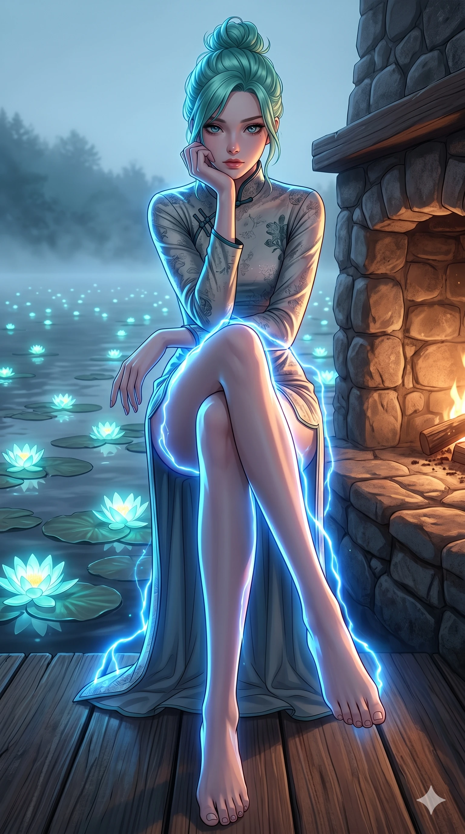 score_9, masterpiece, best quality, ultra-detailed, high-budget anime keyframe, editorial fashion photography, tasteful artistic composition, Japanese woman. low angle full-body shot from head to toe showing her feet, filling the entire 9:16 vertical frame with her statuesque presence, stretching her vertical silhouette. sitting close to the hearth, resting her chin on her hand, looking directly into the camera with bedroom-eyes on a wooden dock beside a misty lake filled with glowing bioluminescent lilies (Code-P18-015). She has an absolutely perfect 8-heads proportion, an exceptionally tall and slender female figure with impossibly long slender legs and an ultra-slim waist. V-shaped jawline, high-bridge nose, intricate jewel-like eyes with depth, thick eyelashes, glossy lips with a natural sheen. wearing a modern high-neck traditional cheongsam dress with long sleeves. lit from below by pulsing electric blue plasma arc lighting, tracing the contours of her body. 2k, ultra detail, master piece, 9:16 ratio