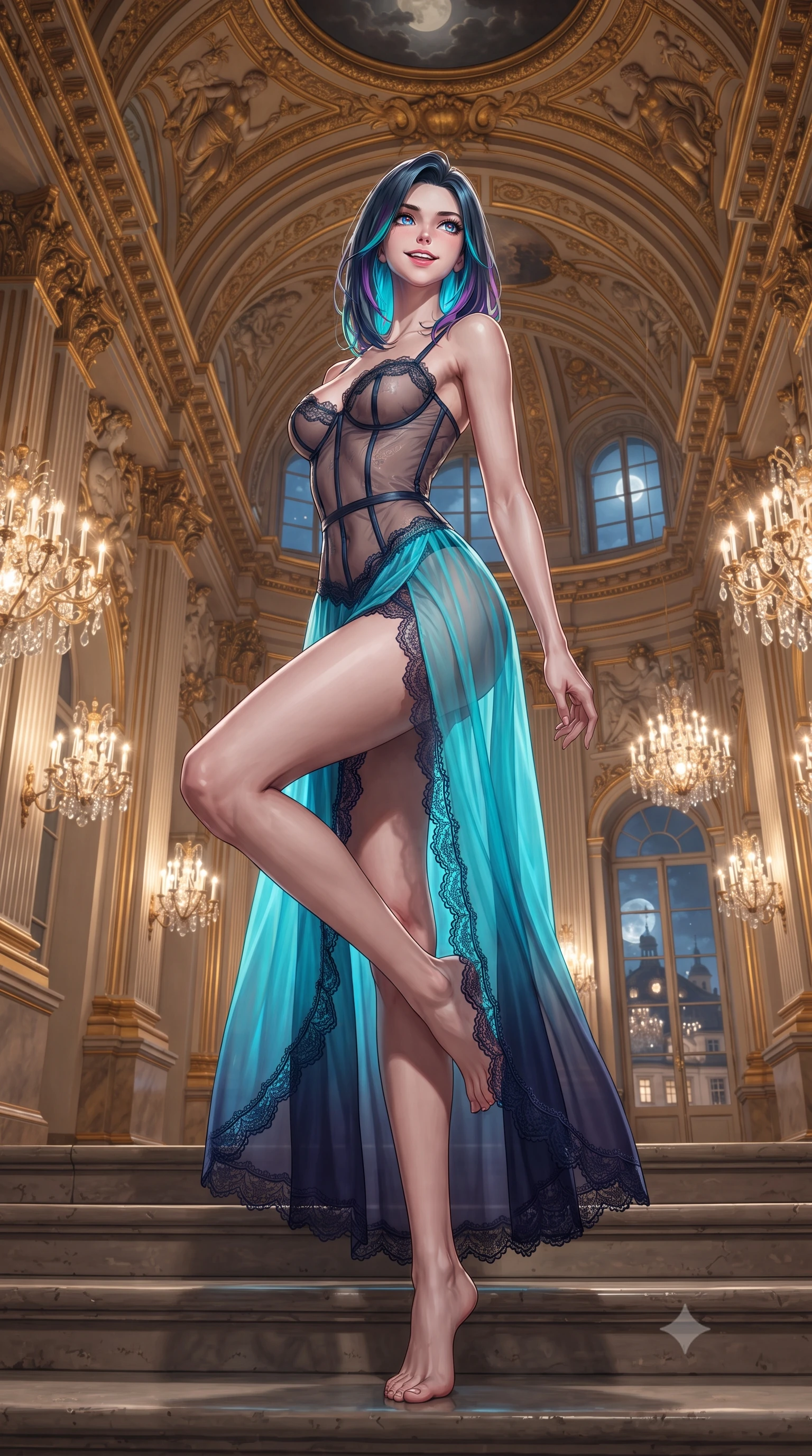 score_9, masterpiece, best quality, ultra-detailed, high-budget anime keyframe, editorial fashion photography, tasteful artistic composition, Caucasian woman. low angle full-body shot from head to toe showing her feet, filling the entire 9:16 vertical frame with her statuesque presence, stretching her vertical silhouette. sitting poised on the stone steps with one knee bent, arching her spine with supermodel elegance as she glances upward through thick eyelashes while standing poised between monumental gilded stucco Corinthian pilasters beneath soaring vaulted ceilings, arching her lower back with sovereign supermodel grace as dozens of Bohemian crystal chandeliers blaze like starlight. The background shows a soft-focus hundreds of sparkling Bohemian crystal chandelier prisms, gilded Habsburg allegorical ceiling reliefs, and moonlit Prague rooftops through tall arched windows blurred into champagne, ruby, and gold bokeh. She has an exceptionally tall and slender model-like 8.5-heads proportion, an ultra-slim waist, a flat toned midriff, narrow delicate ribcage, and beautifully sculpted feminine hips creating a graceful, slim hourglass silhouette without any bulky heaviness, with impossibly long slender legs. sharp v-shaped jawline, high-bridge nose, intricate jewel-like sparkling eyes with depth, thick eyelashes, glossy parted lips with a natural peach sheen, bright cheerful beaming smile with an enchanting and coquettish sensual glint, exuding both youthful cute charm and seductive allure, flawlessly proportioned anatomical accuracy, strict slender model proportions, natural body alignment, perfectly sculpted long slender limbs, ultra-slim waistline, clean dynamic posture without body distortion. wearing a provocative translucent mesh corset bodice with boned satin channels paired with a sheer chiffon wrap maxi skirt in Maldivian bioluminescent electric cyan and midnight indigo, woven from buttery-soft stretch lambskin leather adhering to her body like a second skin, finished with scalloped eyelash lace trim framing her sweetheart neckline with intimate elegance, the form-contouring silhouette accentuating her sculpted flat midriff, narrow delicate ribcage, and gracefully curvy hips with intoxicating allure. illuminated by polished parquet reflection bounce and sharp champagne-gold rim lights sculpting her razor-sharp jawline, narrow waist, and curvy hips. ultra-reflective glossy finish, specular highlights, rich textural contrasts, high-contrast stereoscopic depth, volumetric dynamic lighting, 2k, ultra detail, master piece, 9:16 ratio