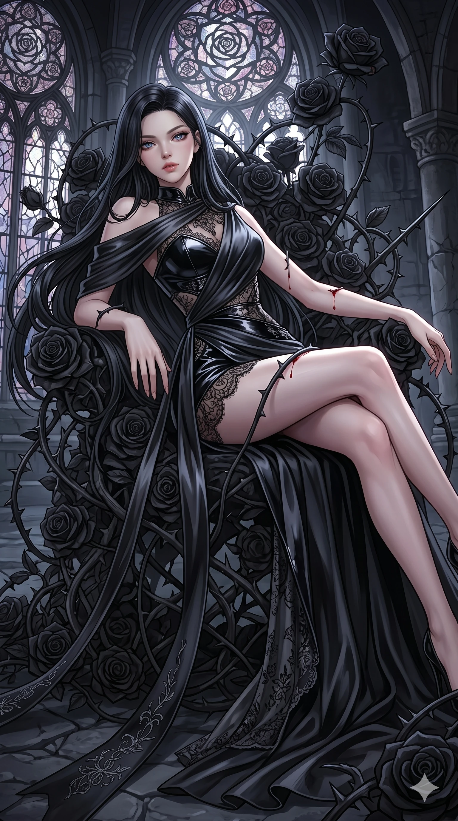 score_9, masterpiece, best quality, ultra-detailed, High-budget Anime Keyframe, East Asian woman. Dynamic full-body shot stretching the vertical silhouette to the limit. Scenario 70: Resting on a throne of black roses, thorns grazing her skin. Her presence is magnetic and overpowering in this high-budget anime scene. Outfit 70: A patent leather decorative silk bands with a artistically draped detail and delicate lace embroidery. The clothing is designed to emphasize her exceptionally tall and slender 8-heads proportion. 8-heads proportion, towering silhouette, ultra-slim waist. sharp v-shaped jawline, intricate jewel-like eyes with depth, thick eyelashes, glossy lips. 2k, ultra detail, master piece, 9:16 ratio