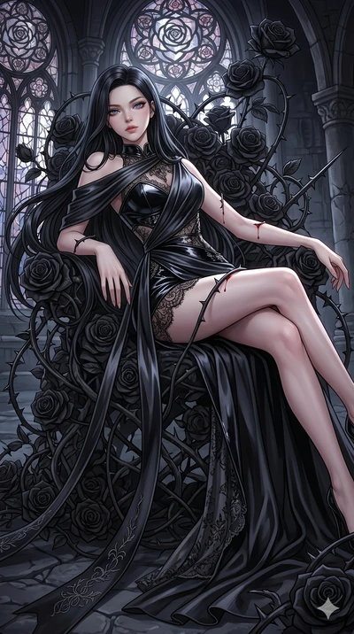 score_9, masterpiece, best quality, ultra-detailed, High-budget Anime Keyframe, East Asian woman. Dynamic full-body shot stretching the vertical silhouette to the limit. Scenario 70: Resting on a throne of black roses, thorns grazing her skin. Her pr