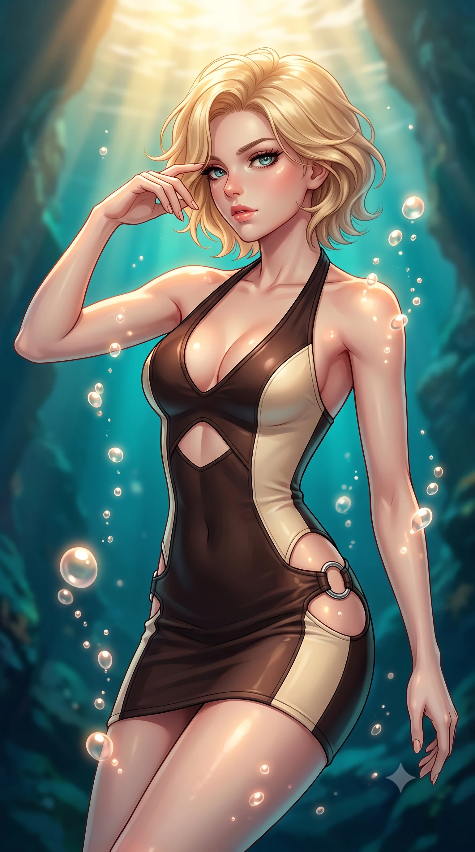 score_9, masterpiece, best quality, ultra-detailed, high-budget anime keyframe, editorial fashion photography, tasteful artistic composition, Caucasian woman. close-up cowboy shot from the waist and thighs up, the character dominates the composition, filling the frame with her large presence, background elements kept in soft focus. Resting her fingers gracefully near her temple, casting a sharp mysterious side-gaze during her stride while swimming gracefully upward toward sunbeams penetrating a deep turquoise ocean rift, rising bioluminescent bubbles casting soft pearl-like highlights on her skin. She has an exceptionally elegant, slender, and willowy female figure with an ultra-slim waist, a gracefully sculpted slender torso, and a refined silhouette. sharp v-shaped jawline, high-bridge nose, intricate jewel-like eyes with depth, thick eyelashes, glossy lips with a natural sheen, flawlessly proportioned anatomical accuracy, natural body alignment, perfectly sculpted elegant limbs, clean dynamic posture without body distortion. wearing a deep-scoop halter bodycon dress with hip cutouts connected by silver rings in espresso brown and warm cream, formed from sleek second-skin neoprene, featuring subtle geometric cutouts that highlight her ultra-slim midriff, the sleek second-skin texture accentuating her magnetic presence. illuminated by deep sea bioluminescence and warm golden top lighting. highly saturated vibrant anime colors, detailed shading with soft gradients, rich glossy textures, high-contrast stereoscopic depth, volumetric dynamic lighting, master piece, 9:16 ratio