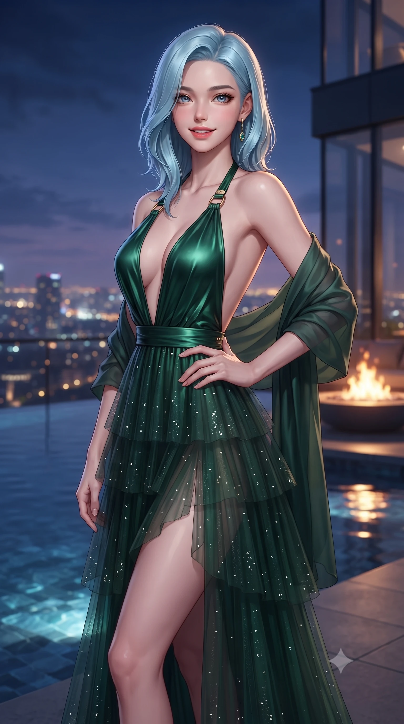 score_9, masterpiece, best quality, ultra-detailed, high-budget anime keyframe, editorial fashion photography, tasteful artistic composition, Korean woman. close-up cowboy shot from the waist and thighs up, the character dominates the composition, filling the frame with her large presence. smiling with subtle, enchanting allure and glossy parted lips, one hand resting on her waist with effortless supermodel poise while pivoting gracefully beside an infinity pool as midnight city lights shimmer across the water's surface. The composition keeps background elements in soft focus with creamy bokeh. penthouse glass architecture and glowing rooftop fire pits softened in cinematic shallow depth of field. She has an exceptionally elegant, slender, and willowy female figure with an ultra-slim waist, a gracefully sculpted slender torso, toned flat midriff, and a refined slim silhouette. sharp v-shaped jawline, high-bridge nose, intricate jewel-like eyes with depth, thick eyelashes, glossy lips with a natural sheen, captivating and magnetic expression, flawlessly proportioned anatomical accuracy, strict slender model proportions, natural body alignment, perfectly sculpted long slender limbs, ultra-slim waistline, clean dynamic posture without body distortion. wearing a plunging halter-neck liquid-metallic column dress with a dramatic bare spine in deep emerald green satin and gold hardware, crafted from tiered translucent tulle adorned with delicate micro-sequins, finished with a gossamer silk shawl draped loosely over her elbows, the form-contouring material adhering flawlessly to her sculpted flat midriff and slender torso, emphasizing her long leg lines and perfectly proportioned willowy build. bathed in twilight indigo sky tones and warm amber rooftop fire pit glow. ultra-reflective glossy finish, specular highlights, rich textural contrasts, high-contrast stereoscopic depth, volumetric dynamic lighting, 2k, ultra detail, master piece, 9:16 ratio