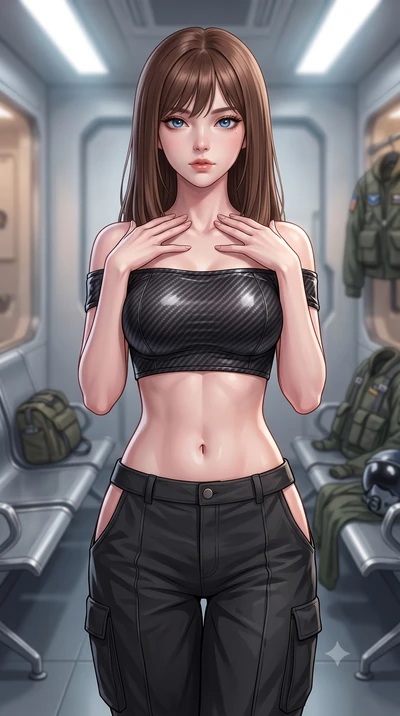 score_9, masterpiece, best quality, ultra-detailed, high-budget anime keyframe, editorial fashion photography, tasteful artistic composition, Korean woman. close-up cowboy shot from the waist and thighs up, the character dominates the composition, fi