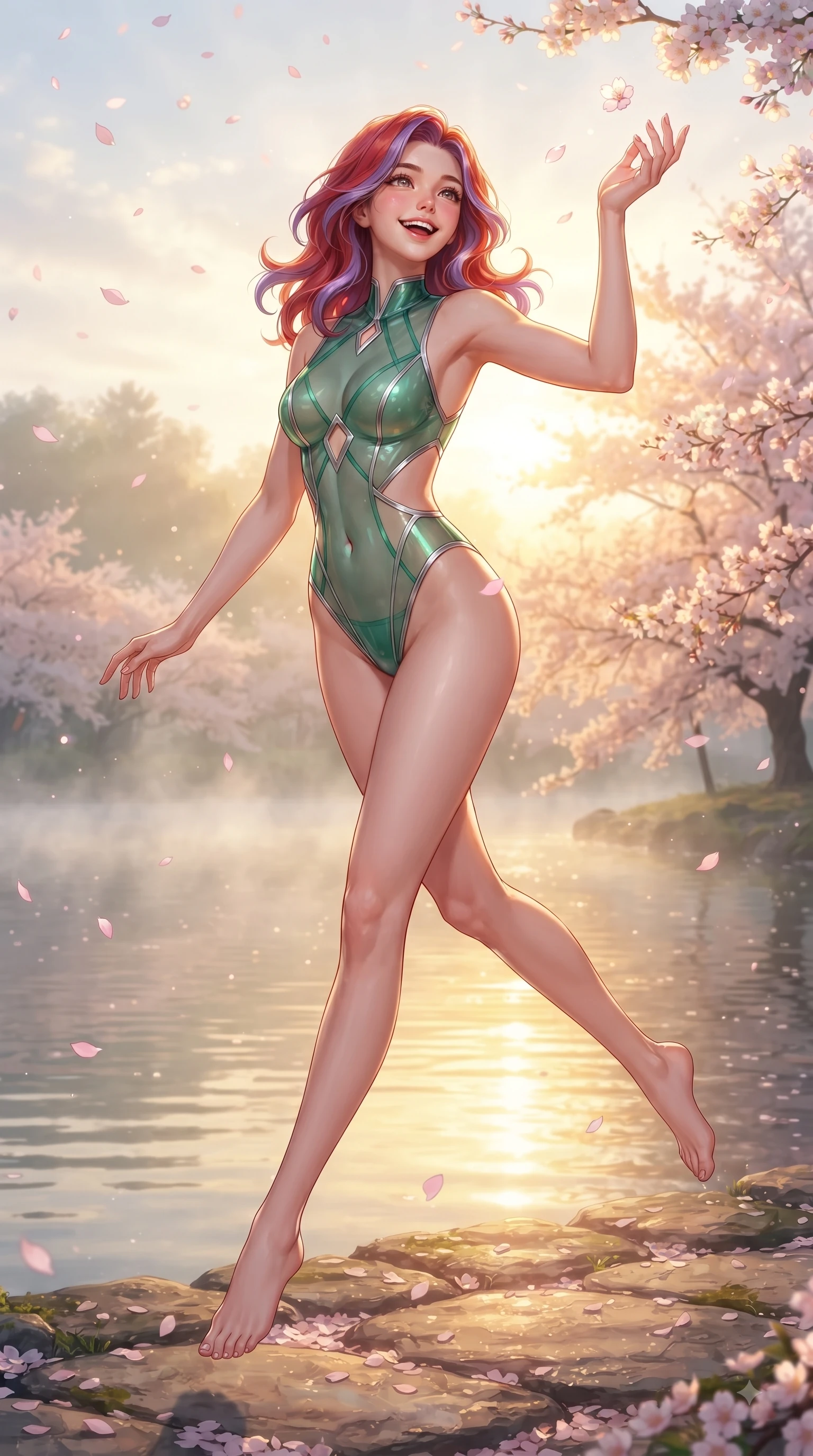 score_9, masterpiece, best quality, ultra-detailed, high-budget anime keyframe, editorial fashion photography, tasteful artistic composition, Caucasian woman. low angle full-body shot from head to toe showing her feet, filling the entire 9:16 vertical frame with her statuesque presence, stretching her vertical silhouette. performing a cheerful mid-air rotation with flawless poise, her radiant smile capturing pure happy energy while reaching her hand up playfully to catch falling pink cherry blossom petals in a spring breeze, morning mist floating gently over the water surface, capturing bright golden light. She has an absolutely perfect, statuesque 8.5-heads proportion, an exceptionally tall and slender model-like female figure with impossibly long slender legs and an ultra-slim waist. sharp v-shaped jawline, high-bridge nose, intricate jewel-like eyes with depth, thick eyelashes, glossy lips with a natural sheen, flawlessly proportioned anatomical accuracy, natural body alignment, perfectly sculpted elegant limbs, clean dynamic posture without body distortion. wearing a high-cut translucent vinyl leotard with front paneling and open back in deep emerald green and silver accent, woven from fine semi-opaque sheer organza, featuring subtle geometric cutouts that highlight her ultra-slim midriff, the form-contouring material highlighting her ultra-slim waist and long lines. bathed in bright morning sunbeams and warm golden sakura backlighting. ultra-reflective glossy finish, specular highlights, metallic sheen, high-contrast stereoscopic depth, volumetric dynamic lighting, 2k, ultra detail, master piece, 9:16 ratio
