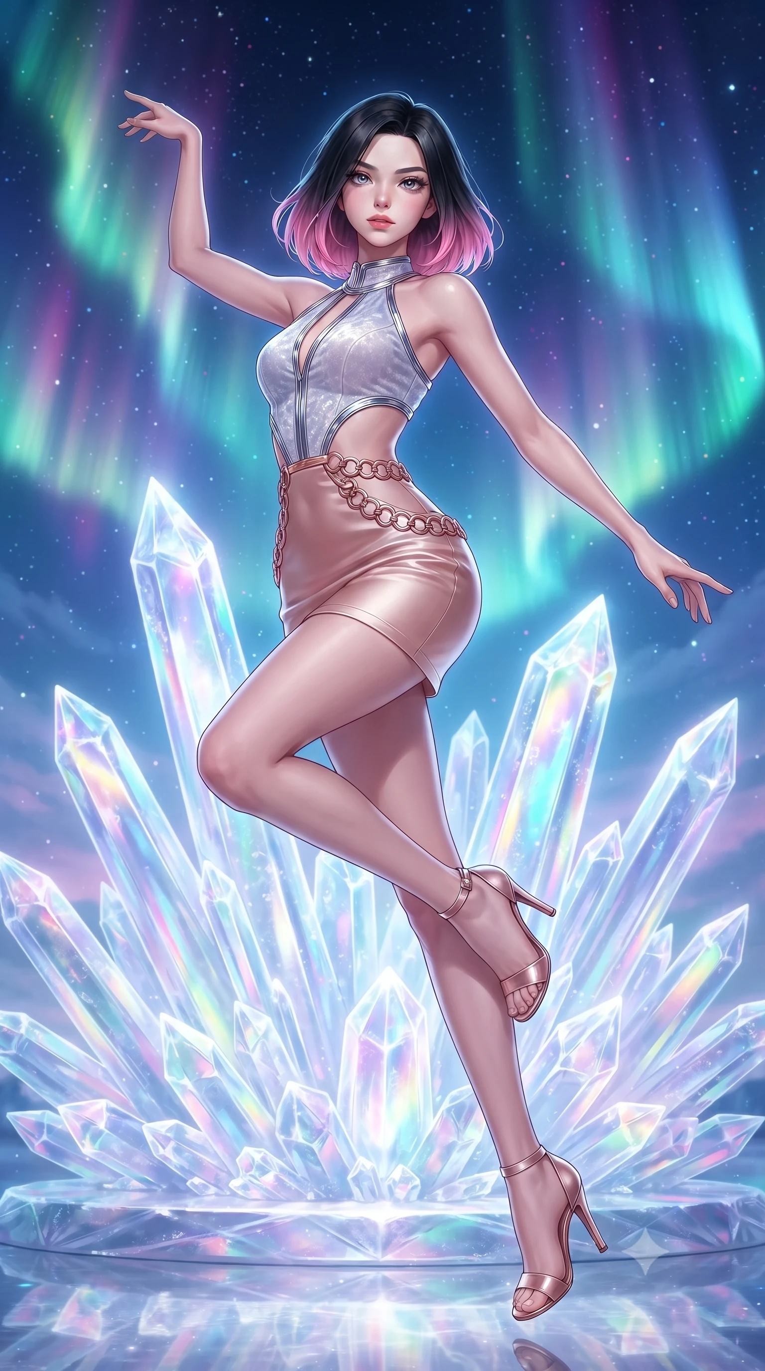 score_9, masterpiece, best quality, ultra-detailed, high-budget anime keyframe, editorial fashion photography, tasteful artistic composition, Korean woman. low angle full-body shot from head to toe showing her feet, filling the entire 9:16 vertical frame with her statuesque presence, stretching her vertical silhouette. leaping dynamically through the luminous sky, her posture full of power and elegance, poised before a frozen aurora crystal altar glowing with intense iridescent light, cool silvery rim light tracing every curve of her figure. She has an absolutely perfect, statuesque 8.5-heads proportion, an exceptionally tall and slender model-like female figure with impossibly long slender legs and an ultra-slim waist. sharp v-shaped jawline, high-bridge nose, intricate jewel-like eyes with depth, thick eyelashes, glossy lips with a natural sheen. wearing dramatic open-waist cutout mini dress in opal velvet framed by chrome hardware in radiant platinum, made of soft rose-gold satin, trimmed with rose-gold ring hardware along the waist contours, highlighting her statuesque proportions and ultra-slim waistline. bathed in brilliant cold silver moonlight and vibrant polar light reflections. highly saturated vibrant anime colors, detailed shading with soft gradients, rich glossy textures, high-contrast stereoscopic depth, volumetric dynamic lighting, master piece, 9:16 ratio