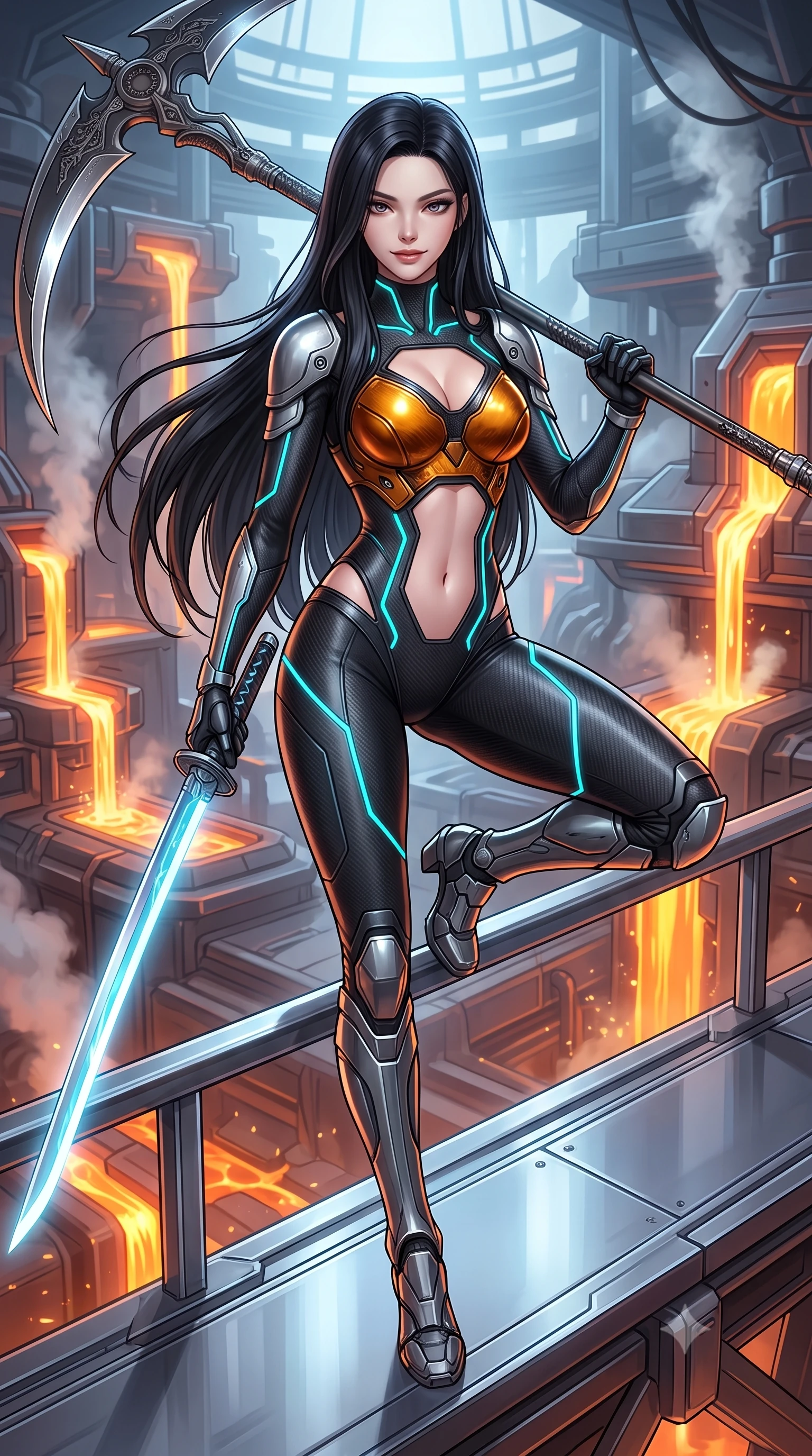 score_9, masterpiece, best quality, ultra-detailed, high-budget anime keyframe, semi-realistic 3D game render, editorial fashion photography, tasteful artistic composition, Korean woman. low angle full-body shot from head to toe showing her feet, filling the entire 9:16 vertical frame with her statuesque presence, stretching her vertical silhouette. performing an alluring mid-air combat landing with flawless poise, looking directly into the camera with regal, deadly intensity while resting the long scythe haft against her shoulder with an alluring, dangerous smile looking directly into the camera. The surrounding environment is rendered in vivid detail and crisp panoramic clarity. intense geothermal chiaroscuro and raw high-tech forging architecture rendered with precision. She has an absolutely perfect, statuesque 8.5-heads proportion, an exceptionally tall and slender model-like female figure with impossibly long slender legs, a toned flat midriff, and an ultra-slim waist. sharp v-shaped jawline, high-bridge nose, intricate jewel-like eyes with depth, thick eyelashes, glossy lips with a natural sheen, flawlessly proportioned anatomical accuracy, strict slender model proportions, natural body alignment, perfectly sculpted long slender limbs, ultra-slim waistline, clean dynamic posture without body distortion. wearing an aerodynamic matte-black carbon-fiber bodysuit with glowing neon cyan conduit lines, reinforced by polished titanium pauldrons, wielding a sleek holographic plasma katana with a brilliant energy blade in molten amber-gold carbon cuirass with dark titanium weave, made of lightweight aerodynamic carbon-titanium alloy with polished edge bevels, detailed with magnetic weapon holsters and polished chrome connection clasps, the precision-cut daring openings accentuating her delicate midriff, graceful bare collarbones, and ultra-slim feminine waistline. surrounded by a fierce, elemental, and irresistibly powerful cyber-valkyrie of fire atmosphere. rich saturated anime colors with glowing neon highlights, detailed shading with soft gradients, rich glossy textures, high-contrast stereoscopic depth, volumetric dynamic lighting, master piece, 9:16 ratio