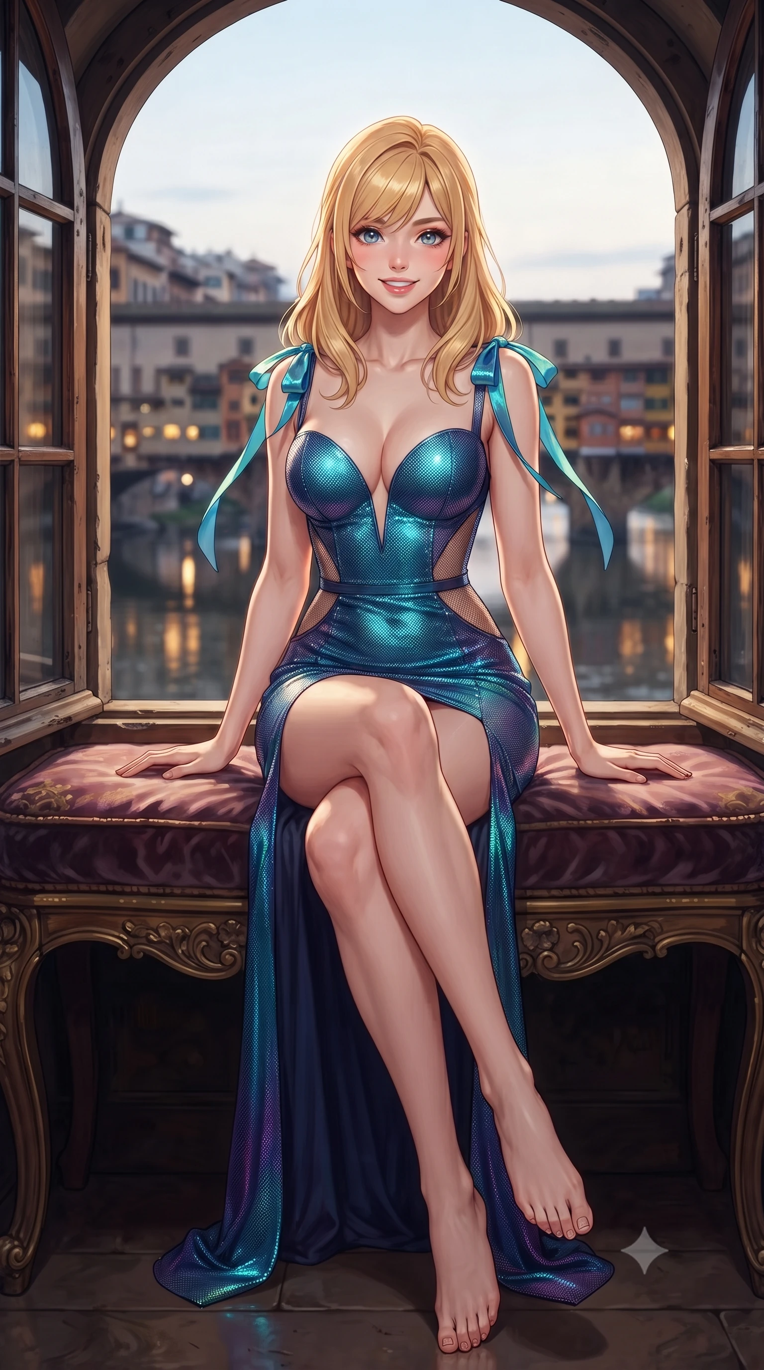 score_9, masterpiece, best quality, ultra-detailed, high-budget anime keyframe, editorial fashion photography, tasteful artistic composition, Caucasian woman. low angle full-body shot from head to toe showing her feet, filling the entire 9:16 vertical frame with her statuesque presence, stretching her vertical silhouette. stepping forward in a confident stride, her long slender legs and curvaceous hips creating a dynamic, sweeping vertical line while sitting perched gracefully on the window seat with legs crossed, flashing an enchanting smile with parted glossy lips. The background shows a soft-focus quaint medieval jewelers' shops overhanging the Arno river, illuminated arches of the Ponte Vecchio, and evening river reflections blurred into topaz, amber, and indigo bokeh. She has an exceptionally tall and slender model-like 8.5-heads proportion, an ultra-slim waist, a flat toned midriff, narrow delicate ribcage, and beautifully sculpted feminine hips creating a graceful, slim hourglass silhouette without any bulky heaviness, with impossibly long slender legs. sharp v-shaped jawline, high-bridge nose, intricate jewel-like sparkling eyes with depth, thick eyelashes, glossy parted lips with a natural peach sheen, bright cheerful beaming smile with an enchanting and coquettish sensual glint, exuding both youthful cute charm and seductive allure, flawlessly proportioned anatomical accuracy, strict slender model proportions, natural body alignment, perfectly sculpted long slender limbs, ultra-slim waistline, clean dynamic posture without body distortion. wearing an alluring plunging sweetheart bustier dress with sheer mesh side-waist cutouts contouring her ribs in Maldivian bioluminescent electric cyan and midnight indigo, crafted from stretch micro-mesh with liquid foil coating that shimmers with every movement, finished with satin ribbon ties at the shoulders fluttering in the gentle breeze, the second-skin tailored fabric adhering flawlessly to her sculpted flat midriff and slender torso, emphasizing her long leg lines and perfectly proportioned willowy build. illuminated by window frame reflection bounce and sharp honey-gold rim lights defining her razor-sharp jawline, narrow waist, and curvy hips. ultra-reflective glossy finish, specular highlights, rich textural contrasts, high-contrast stereoscopic depth, volumetric dynamic lighting, 2k, ultra detail, master piece, 9:16 ratio
