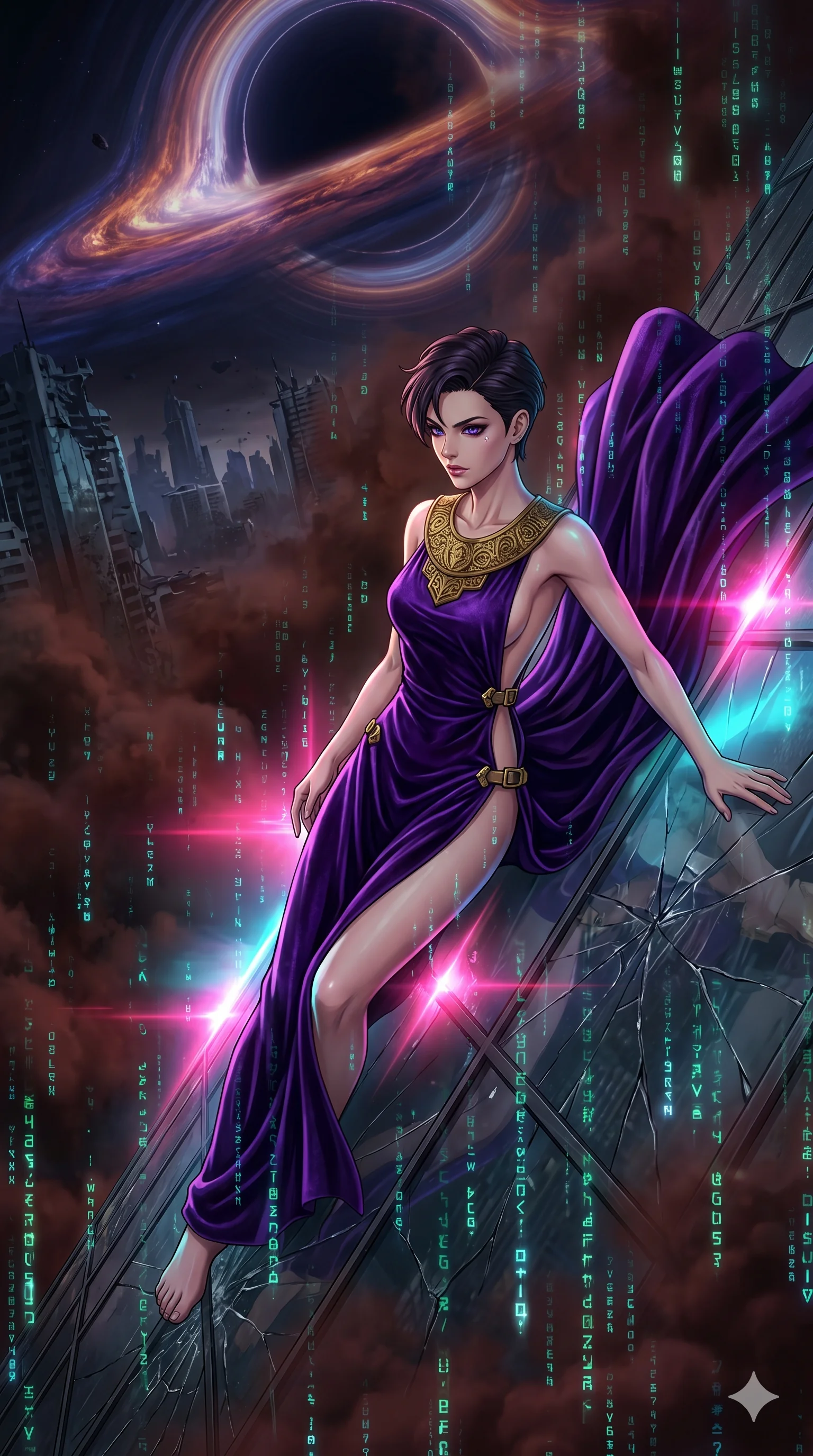 score_9, masterpiece, best quality, ultra-detailed, Set A: High-budget Anime Keyframe, Caucasian (human ears) woman. Upper body close-up from the thighs up, character filling the screen for maximum presence. Theme: Urban Decay. sliding down a glass skyscraper in the edge of a black hole, as a digital rain of 77 symbols washes over her. The atmosphere is filled with heavy smog with neon flares. She has an absolutely perfect 8-heads proportion, an exceptionally tall and slender female figure with impossibly long slender legs and an ultra-slim waist. Sharp v-shaped jawline, high-bridge nose, intricate jewel-like eyes with depth, glossy lips. Wearing Royal purple velvet gown with a massive gold-engraved neck-piece and open sides. Cinematic lighting, vivid colors, dramatic shadows, 2k, ultra detail, master piece, 9:16 ratio
