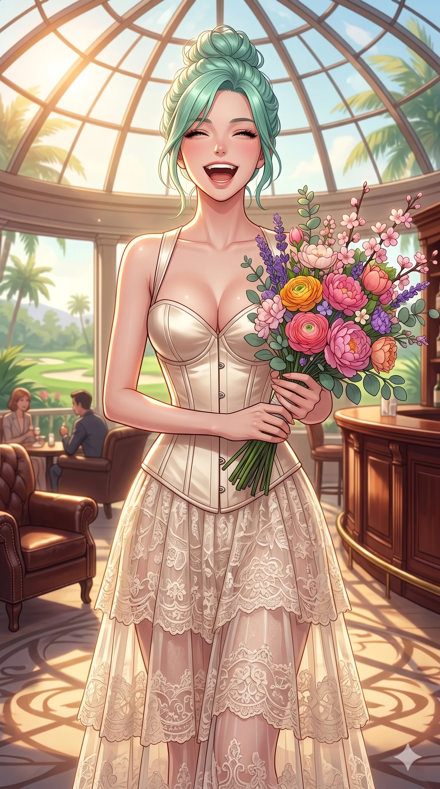score_9, masterpiece, best quality, ultra-detailed, high-budget anime keyframe, vibrant anime aesthetic, Japanese woman. cowboy shot from the thighs up, character and outfit filling the frame for maximum presence. She is posing with a cheerful laugh while holding a colorful spring bouquet inside a golf clubhouse lounge in the sun (Code-P20-159). She has an absolutely perfect 8-heads proportion, an exceptionally tall and slender female figure with impossibly long slender legs and an ultra-slim waist. V-shaped jawline, high-bridge nose, intricate jewel-like eyes with depth, thick eyelashes, glossy lips with a natural sheen. wearing a structured satin corset showing her cleavage and a sheer skirt. She is warm glowing resort light filtering through the glass dome, outlining her features. 2k, ultra detail, master piece, 9:16 ratio