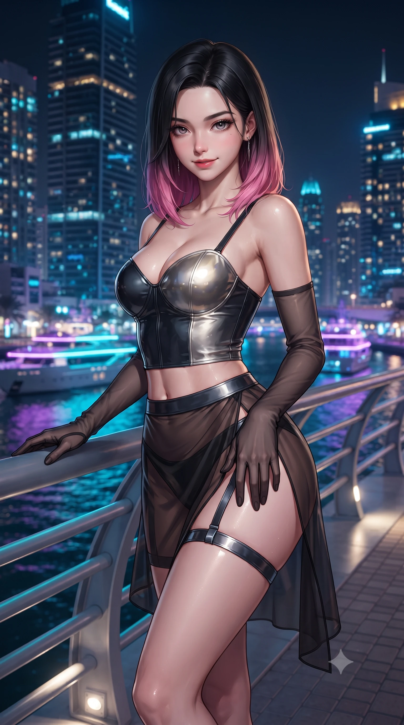 score_9, masterpiece, best quality, ultra-detailed, high-budget anime keyframe, editorial fashion photography, tasteful artistic composition, Korean woman. close-up cowboy shot from the waist and thighs up, the character dominates the composition, filling the frame with her large presence. tilting her head with a teasing half-smile, running one hand slowly down the side of her hip in a flirtatious S-curve as ambient light caresses her silhouette while resting one hand on the sleek bridge railing while turning in an alluring contrapposto stance, her smoldering bedroom-eyes holding the camera. The background shows a soft-focus colossal glass skyscrapers soaring hundreds of meters into the night sky, neon-lit luxury mega-yachts, and glowing canal waters blurred into cyan, violet, and gold bokeh. She has an exceptionally elegant, slender, and willowy female figure with an ultra-slim waist, flat toned midriff, narrow ribcage, and sculpted feminine hips creating an alluring, slim hourglass silhouette without bulk. sharp v-shaped jawline, high-bridge nose, intricate jewel-like sparkling eyes with depth, thick eyelashes, glossy parted lips with a natural peach sheen, bright cheerful beaming smile with an enchanting and coquettish sensual glint, exuding both youthful cute charm and seductive allure, flawlessly proportioned anatomical accuracy, strict slender model proportions, natural body alignment, perfectly sculpted long slender limbs, ultra-slim waistline, clean dynamic posture without body distortion. wearing a wet-look form-fitting vinyl bustier paired with a high-slit sheer-layered wrap mini skirt and thigh-strap accents in smoky charcoal noir and reflective metallic platinum, woven from buttery-soft stretch lambskin leather adhering to her body like a second skin, complemented by sheer opera-length evening gloves tracing her slender arms, the glove-like clinging cut tightly following the natural contour of her hips and long slender legs with youthful 8.5-heads elegance. illuminated by ground uplights and sharp multi-colored rim lights sharply sculpting her slender torso, narrow waist, and curvy hips. ultra-reflective glossy finish, specular highlights, rich textural contrasts, high-contrast stereoscopic depth, volumetric dynamic lighting, 2k, ultra detail, master piece, 9:16 ratio