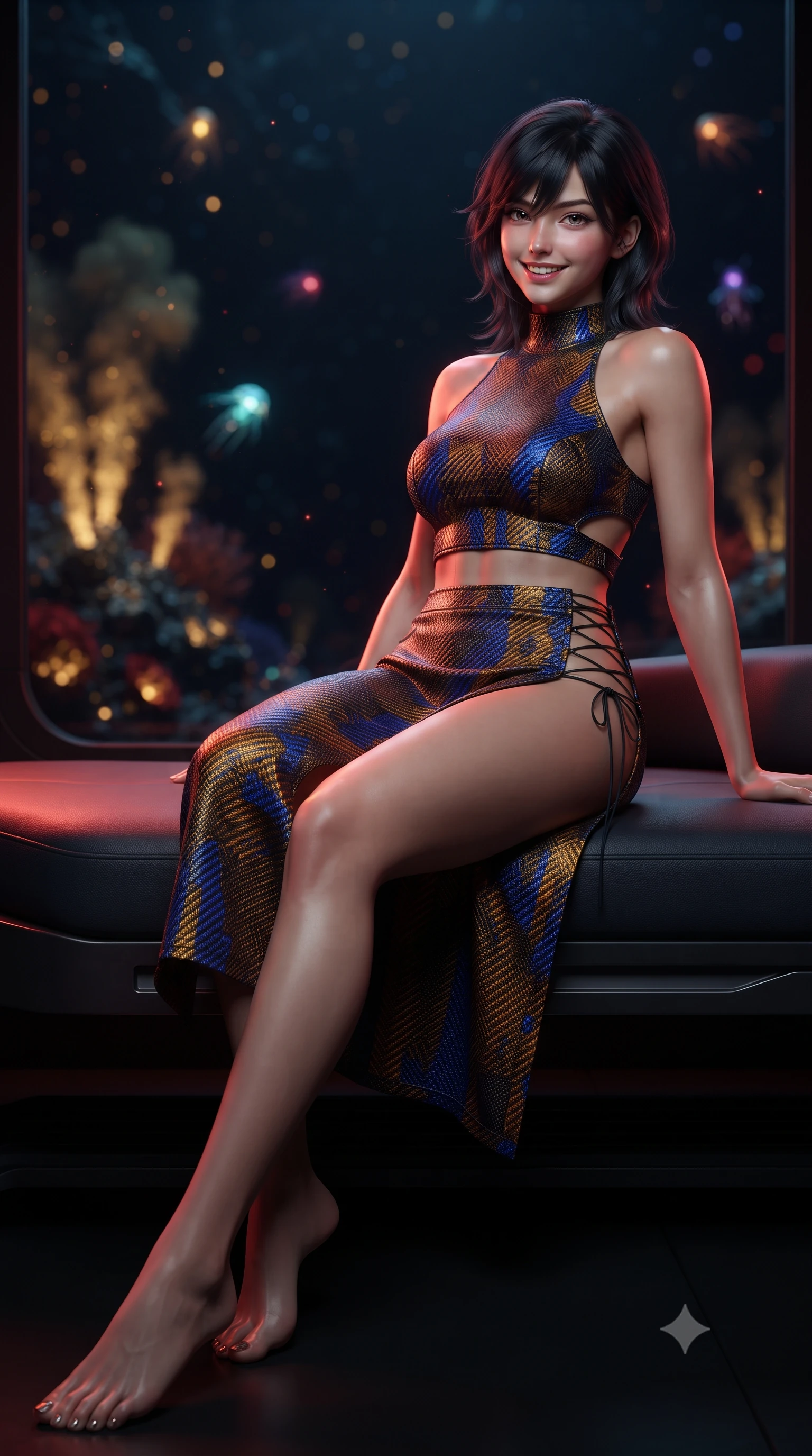 score_9, masterpiece, best quality, ultra-detailed, high-budget anime keyframe, editorial fashion photography, tasteful artistic composition, Caucasian woman. low angle full-body shot from head to toe showing her feet, filling the entire 9:16 vertical frame with her statuesque presence, stretching her vertical silhouette. posing in a classic haute-couture S-curve stance beside the floor-to-ceiling window, looking over a bare shoulder with magnetic presence while lounging gracefully across the tactical sonar operator couch propped on one elbow with legs extended, displaying her long slender limbs and statuesque hourglass silhouette. The background shows a soft-focus golden mineral heat plumes from hydrothermal vents, glowing bioluminescent abyssal creatures, and deep ink-black ocean blurred into gold, ruby, and indigo bokeh. She has an exceptionally tall and slender model-like 8.5-heads proportion, an ultra-slim waist, a flat toned midriff, narrow delicate ribcage, and beautifully sculpted feminine hips creating a graceful, slim hourglass silhouette without any bulky heaviness, with impossibly long slender legs. sharp v-shaped jawline, high-bridge nose, intricate jewel-like sparkling eyes with depth, thick eyelashes, glossy parted lips with a natural peach sheen, bright cheerful beaming smile with an enchanting and coquettish sensual glint, exuding both youthful cute charm and seductive allure, flawlessly proportioned anatomical accuracy, strict slender model proportions, natural body alignment, perfectly sculpted long slender limbs, ultra-slim waistline, clean dynamic posture without body distortion. wearing an alluring tactical crop top with asymmetrical side-rib cutouts and high-neck collar paired with a high-slit wrap skirt in Jovian storm amber and electric cobalt, woven from structured carbon-fiber jacquard with rich textural depth, featuring fine criss-cross lace-up side ties revealing tantalizing glimpses of her hip curve, the second-skin tailored fabric adhering flawlessly to her sculpted flat midriff and slender torso, emphasizing her long leg lines and perfectly proportioned willowy build. bathed in moody 660nm deep red tactical battle stations lighting mixed with golden geothermal exterior fires. ultra-reflective glossy finish, specular highlights, rich textural contrasts, high-contrast stereoscopic depth, volumetric dynamic lighting, 2k, ultra detail, master piece, 9:16 ratio
