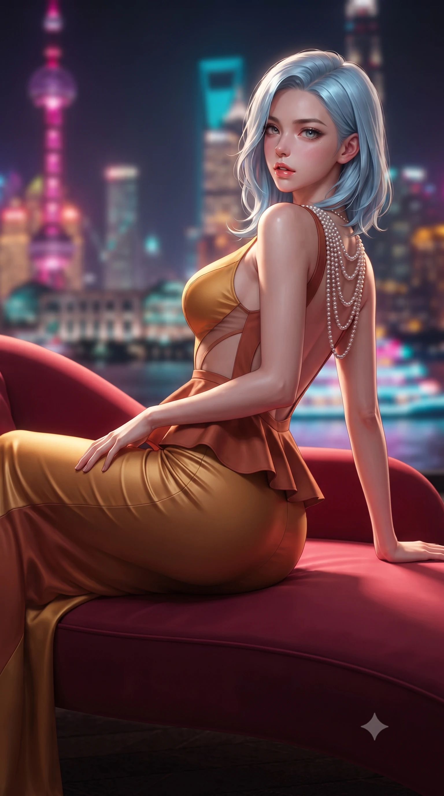 score_9, masterpiece, best quality, ultra-detailed, high-budget anime keyframe, editorial fashion photography, tasteful artistic composition, Korean woman. close-up cowboy shot from the waist and thighs up, the character dominates the composition, filling the frame with her large presence. arching her spine backward with effortless dancer poise, one hand sliding along her hip line as directional light carves specular highlights along her silhouette while reclining on a curved crimson silk chaise lounge inside the penthouse salon, one knee drawn up in a seductive Cleopatra pose. The composition keeps background elements in soft focus with creamy bokeh. towering Pudong neon skyscraper spires and Huangpu river boat lights blurred into electric magenta, turquoise, and amber bokeh. She has an exceptionally elegant, slender, and willowy female figure with an ultra-slim waist, flat toned midriff, narrow ribcage, and sculpted feminine hips creating an alluring, slim hourglass silhouette without bulk. sharp v-shaped jawline, high-bridge nose, intricate jewel-like eyes with depth, thick eyelashes, glossy parted lips with a natural sheen, intensely captivating and seductive bedroom-eyes expression, flawlessly proportioned anatomical accuracy, strict slender model proportions, natural body alignment, perfectly sculpted long slender limbs, ultra-slim waistline, clean dynamic posture without body distortion. wearing a structural geometric peplum gown with sheer side-ribbon cutouts and form-fitting skirt in molten desert gold and burnt terracotta, tailored from liquid silk jersey adhering flawlessly to her slender build, accented with a multi-strand pearl back necklace cascading down her bare spine to her hips, the precision-cut side openings and low-back scoop framing her graceful spine and the sensual sweep of her slim, toned hips. bathed in vibrant magenta and electric cyan river skyline reflections contrasting with warm amber interior downlights. ultra-reflective glossy finish, specular highlights, rich textural contrasts, high-contrast stereoscopic depth, volumetric dynamic lighting, 2k, ultra detail, master piece, 9:16 ratio