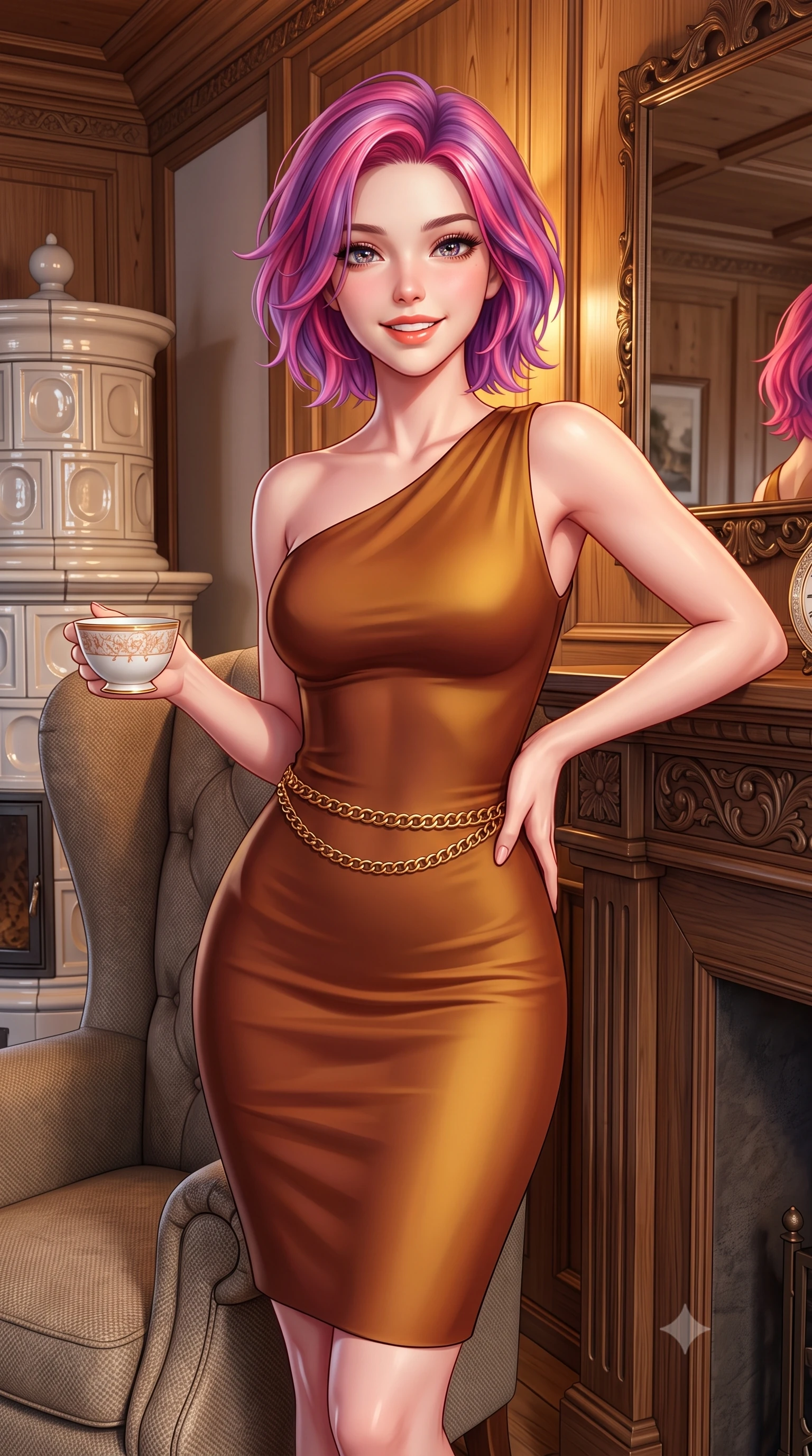 score_9, masterpiece, best quality, ultra-detailed, high-budget anime keyframe, semi-realistic 3D game render, editorial fashion photography, tasteful artistic composition, Caucasian woman. close-up cowboy shot from the waist and thighs up, the character dominates the composition, filling the frame with her large presence. leaning gracefully against the carved mantelpiece with one hand on her hip, showcasing her slender waist and feminine posture while curled up comfortably in an oversized wool wingback chair beside a traditional ceramic tile stove, smiling warmly with teacup in hand. The surrounding environment is rendered in vivid detail and crisp panoramic clarity: detailed roll-neck cashmere sweater weave, tailored corduroy trouser ribs, and master alpine joinery in high resolution. She has an exceptionally elegant, slender, and willowy female figure with an ultra-slim waist, flat toned midriff, narrow ribcage, and sculpted feminine hips creating an alluring, slim hourglass silhouette without bulk. sharp v-shaped jawline, high-bridge nose, intricate jewel-like sparkling eyes with depth, thick eyelashes, glossy parted lips with a natural peach sheen, bright cheerful beaming smile with an enchanting and coquettish sensual glint, exuding both youthful cute charm and seductive allure, flawlessly proportioned anatomical accuracy, strict slender model proportions, natural body alignment, perfectly sculpted long slender limbs, ultra-slim waistline, clean dynamic posture without body distortion. wearing an elegant fitted liquid crepe cocktail sheath dress with an asymmetric neckline tracing her delicate collarbones and narrow waist in warm chestnut brown and burnished gold, made of high-gauge compact silk knit that hugs her curves with seamless sculpted precision, finished with a sleek gold chain belt resting snugly across her narrow waist and curving hips, the form-contouring silhouette accentuating her sculpted flat midriff, narrow delicate ribcage, and gracefully curvy hips with intoxicating allure. illuminated by honey pine wall reflection bounce and warm buttery rim lights sculpting her features and slender hourglass curves. highly saturated vibrant anime colors, detailed shading with soft gradients, rich glossy textures, high-contrast stereoscopic depth, volumetric dynamic lighting, master piece, 9:16 ratio