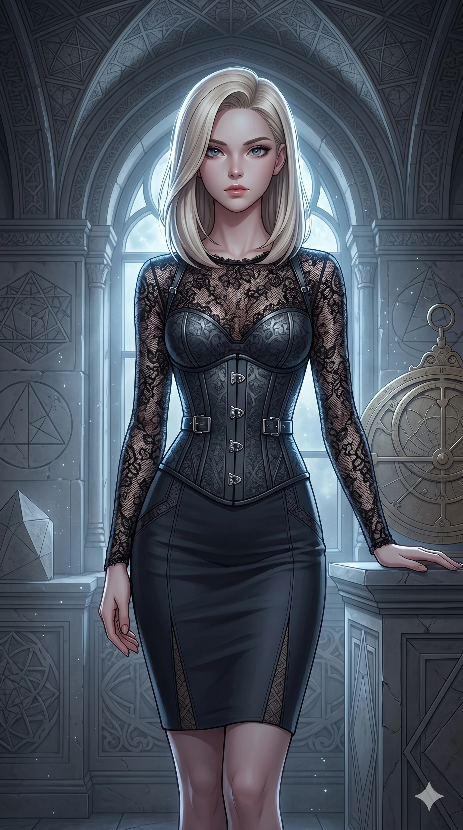 score_9, masterpiece, best quality, ultra-detailed, high-budget anime keyframe, editorial fashion photography, tasteful artistic composition, Caucasian woman, strictly human ears. cowboy shot from the thighs up, character and outfit filling the frame for maximum editorial presence. posing with quiet self-assurance, looking directly into the lens inside a mathematical temple with ceiling patterns (Code-P17-149). She has an absolutely perfect 8-heads proportion, an exceptionally tall and slender female figure with impossibly long slender legs and an ultra-slim waist. V-shaped jawline, high-bridge nose, intricate jewel-like eyes with depth, thick eyelashes, glossy lips with a natural sheen. wearing a dark corset over a semi-transparent lace bodysuit. cool silver moonlight filtered through the mist, creating a dramatic, ethereal rim light. 2k, ultra detail, master piece, 9:16 ratio